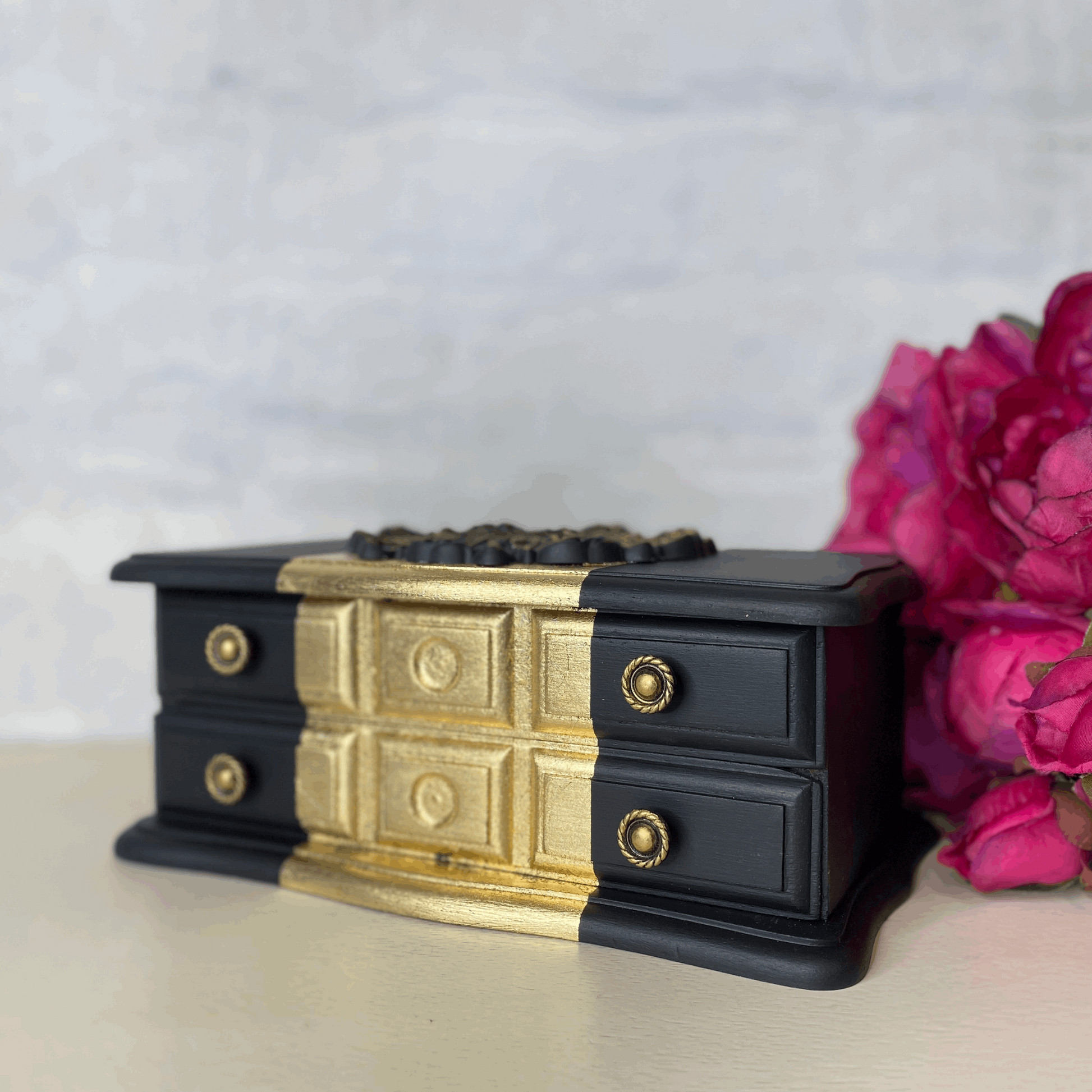 Vintage Upcycled Black & Gold Jewellery Box