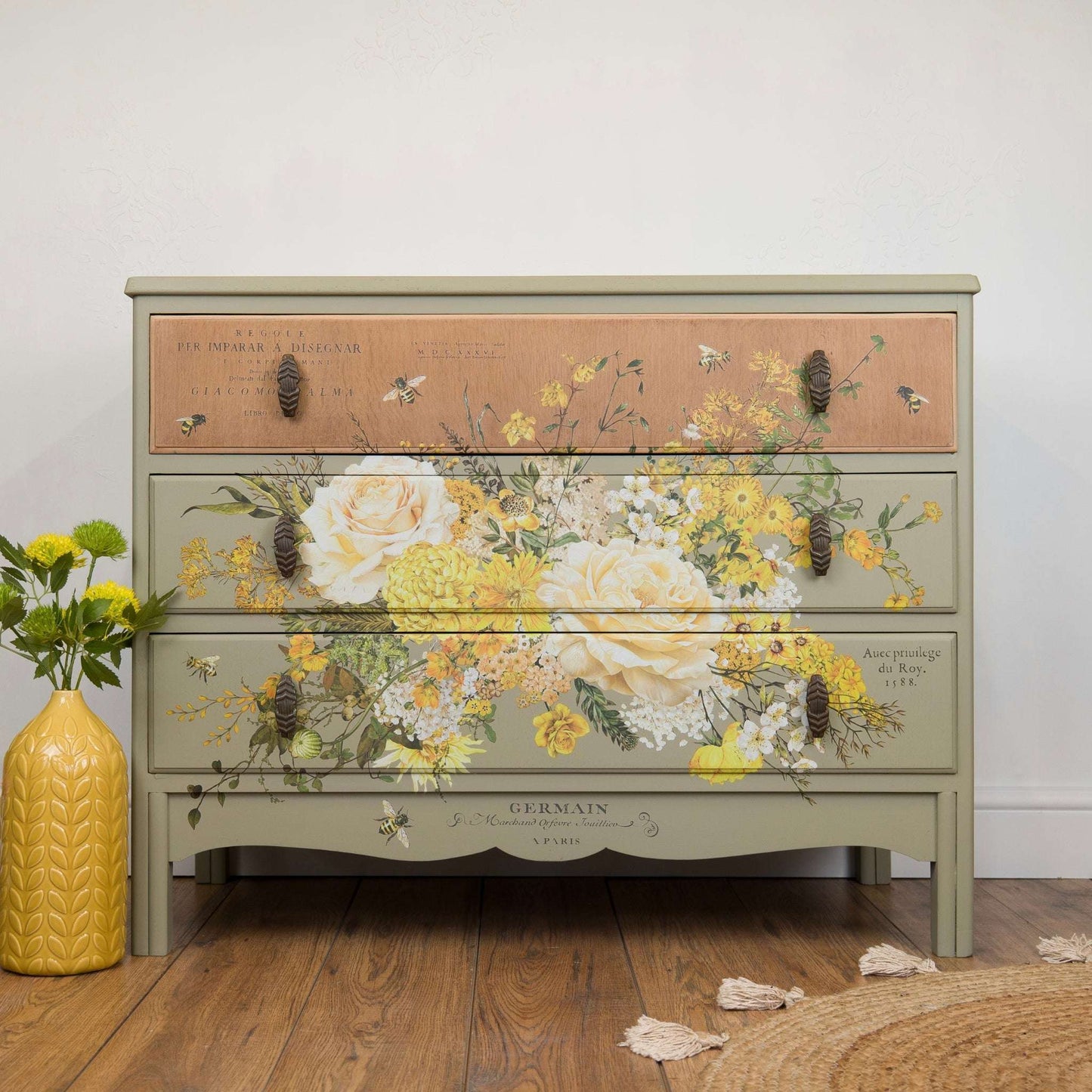 Vintage Upcycled Oak Chest of Drawers - Botanical Bee & Floral