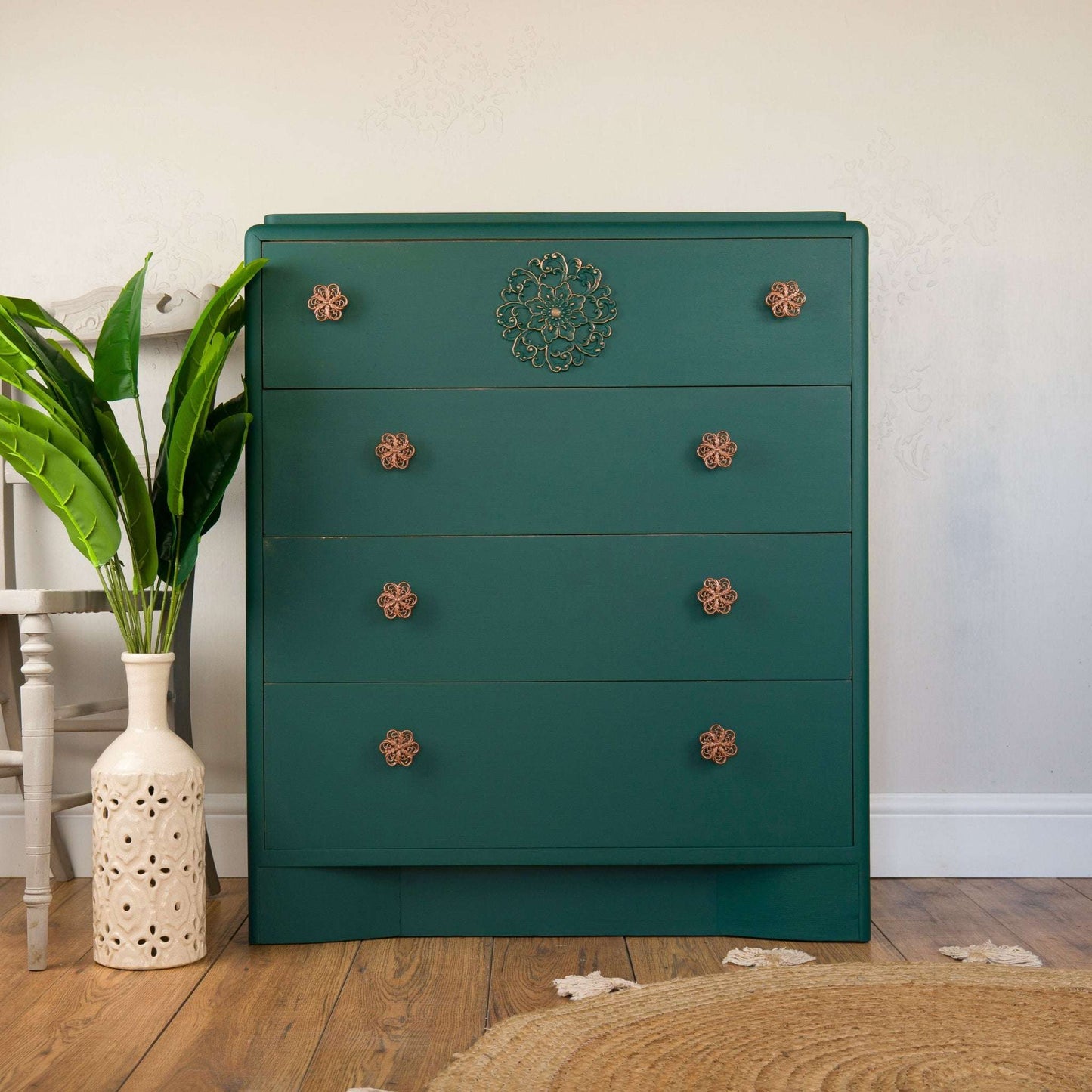 Emerald Forest Chest of Drawers – Vintage Upcycled Beauty with Tropical Lined Drawers