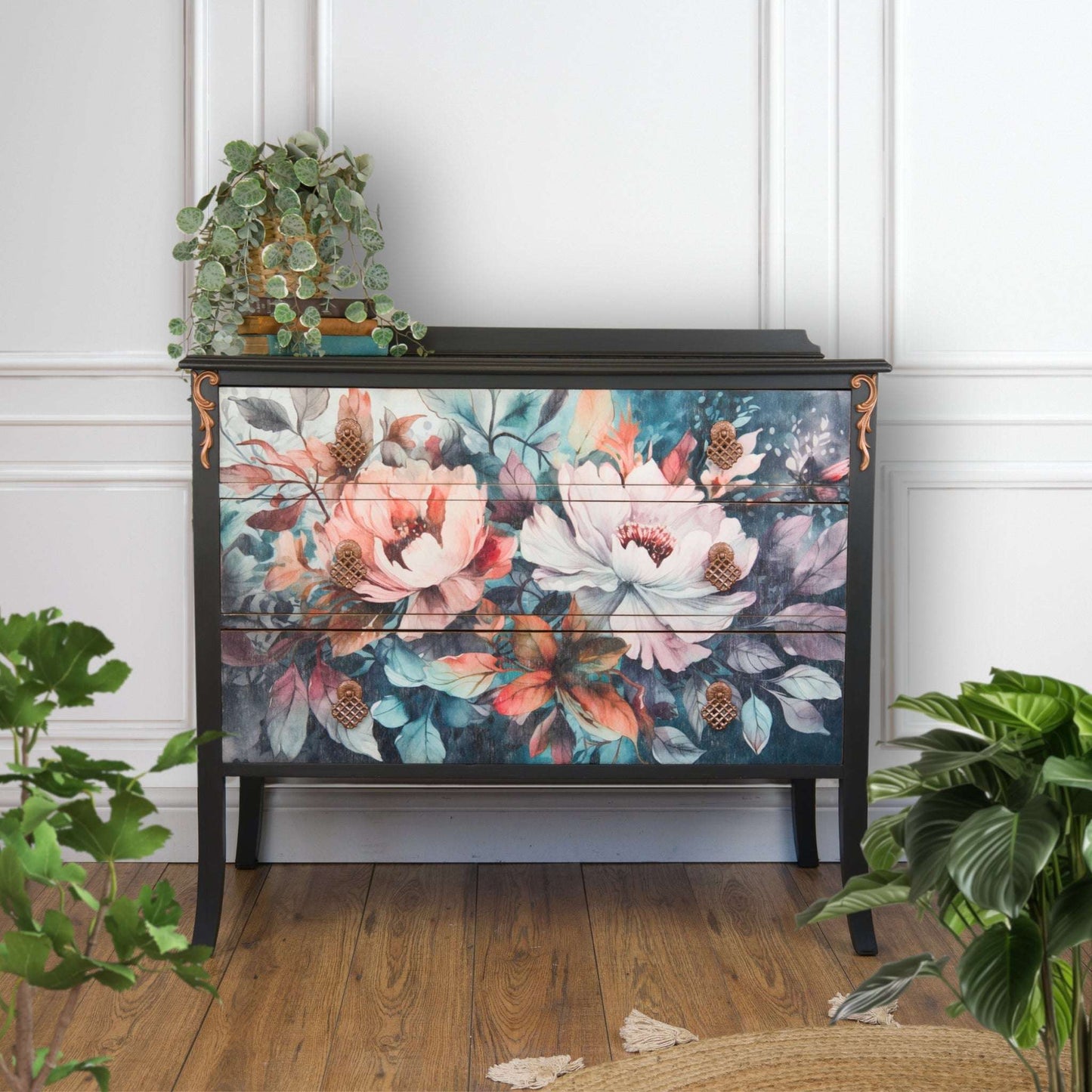 Vintage Upcycled Floral Decoupage Painted Chest of Drawers