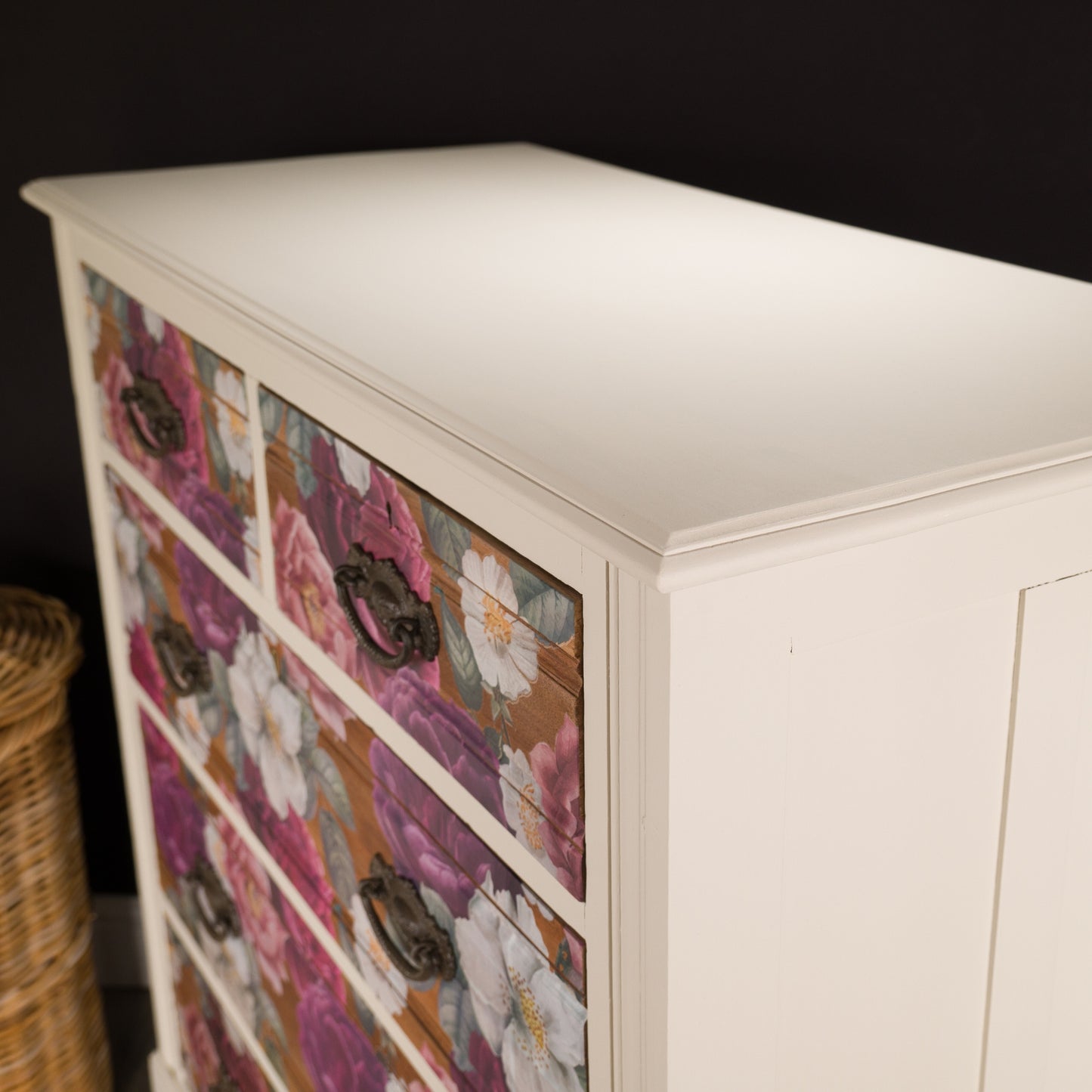 Vintage Aqua Lebus Oak Chest of Drawers, pink, purple floral drawer sides