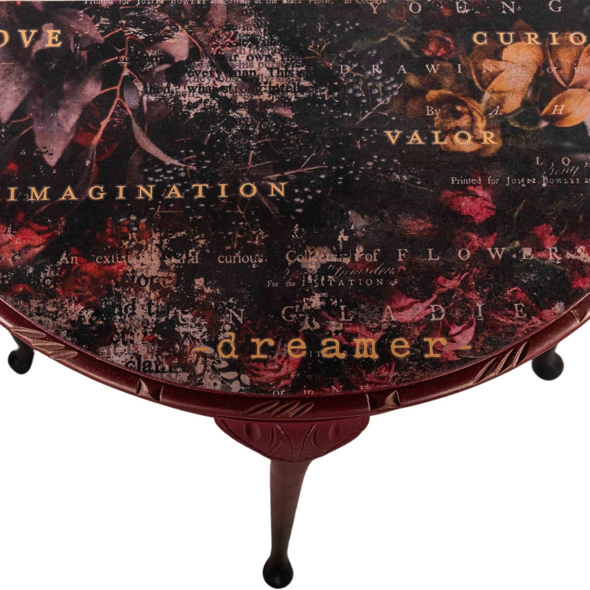 Vintage Dark Red Decoupage Demi Lune Console Table
