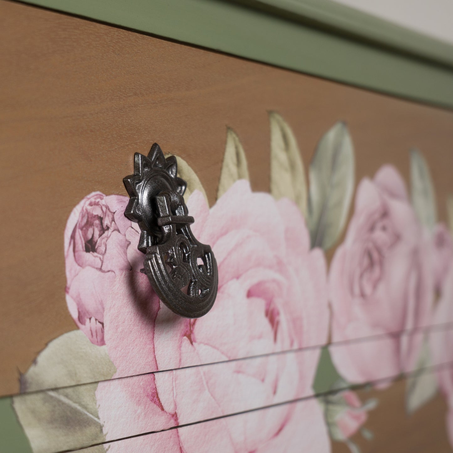 Hand-Painted Vintage Chest of Drawers | Soft Sage Green with Rose Floral Detailing