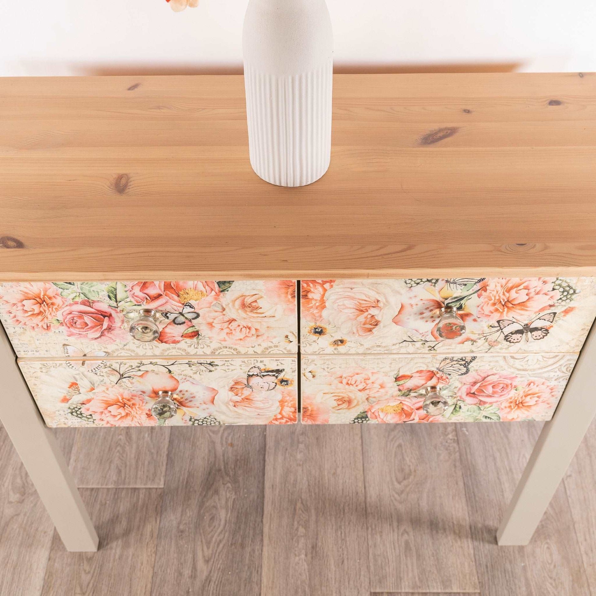 Vintage Pine Decoupage Console Table, stripped pine top
