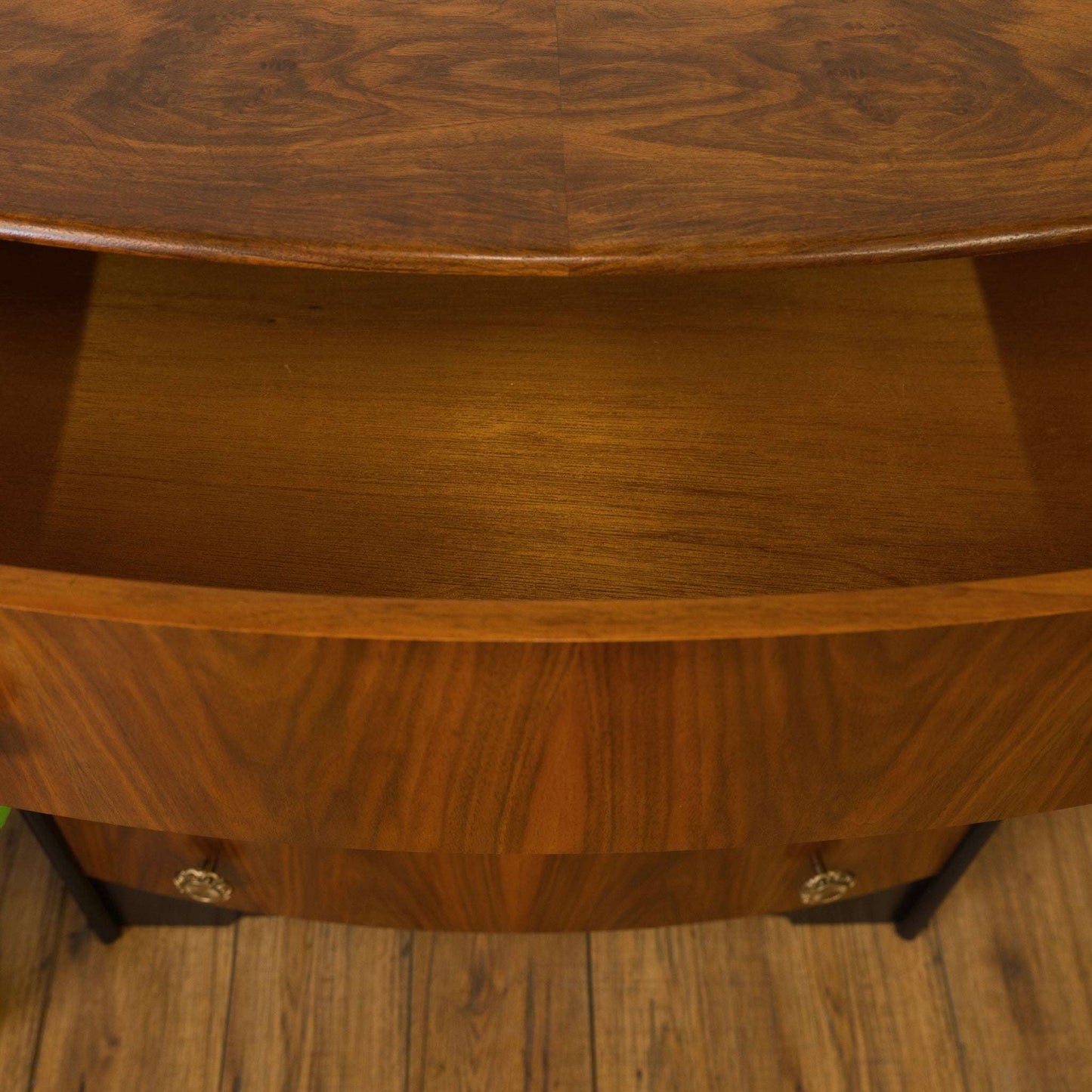 Vintage Walnut & Black Bow Front Chest of Drawers – Art Deco Upcycled Furniture with Gold Handles