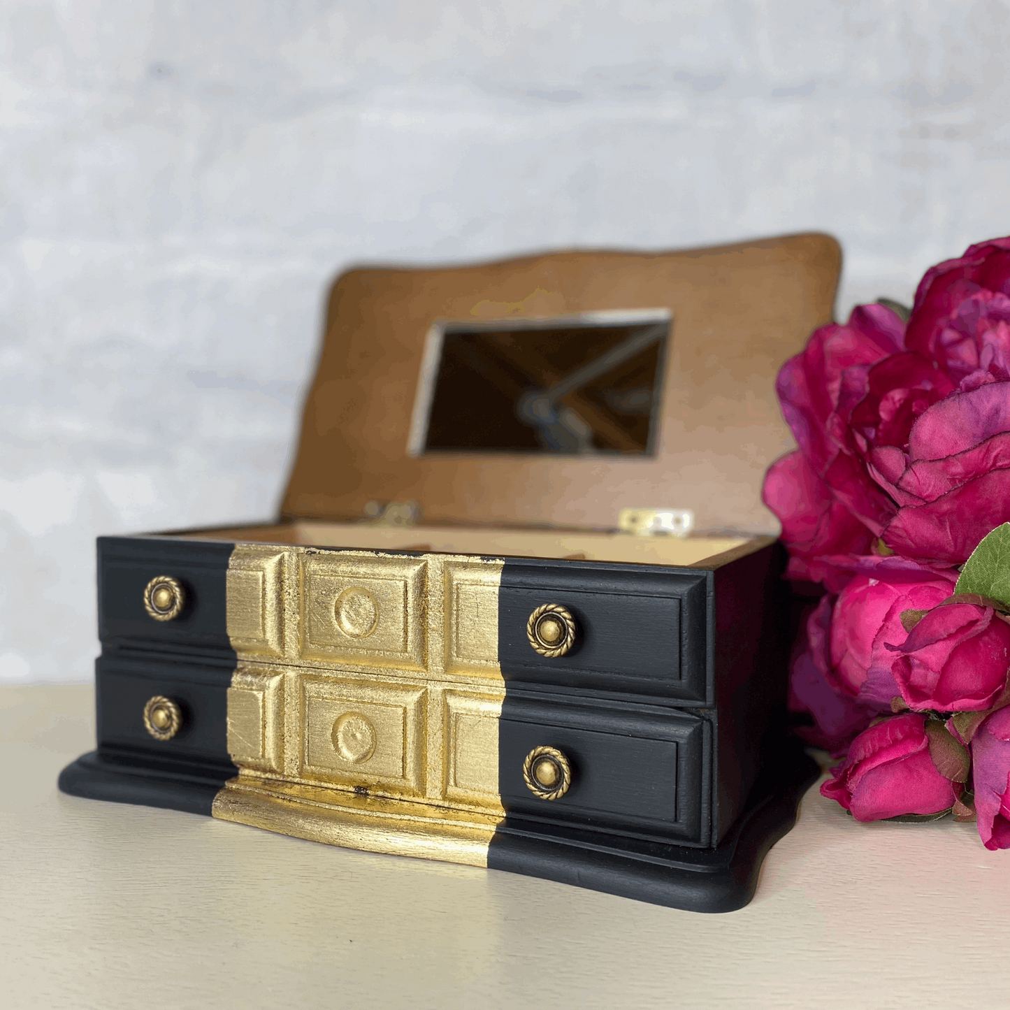 Vintage Upcycled Black & Gold Jewellery Box
