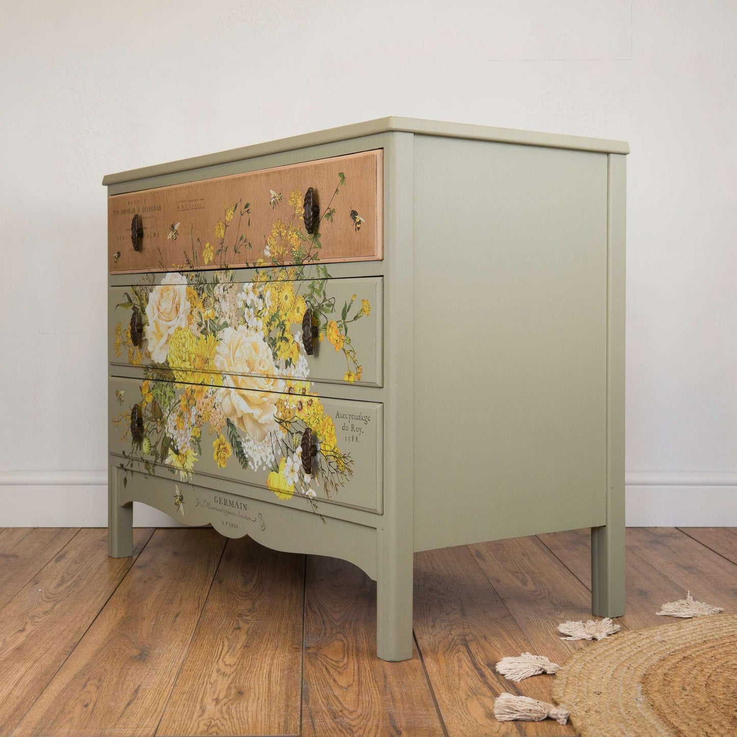 Vintage Upcycled Oak Chest of Drawers - Botanical Bee & Floral