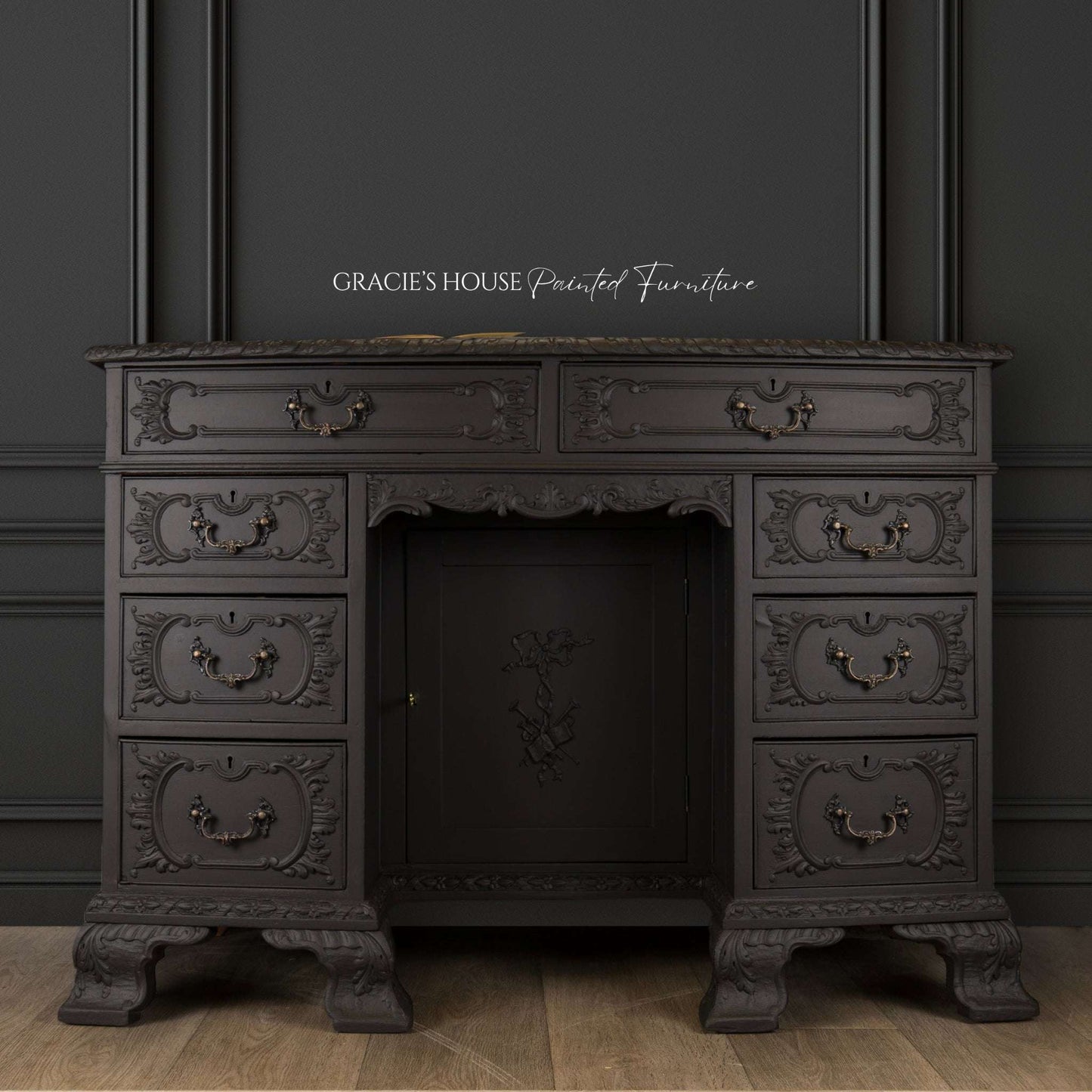 Antique Painted Solid Wood Ornate Carved Desk