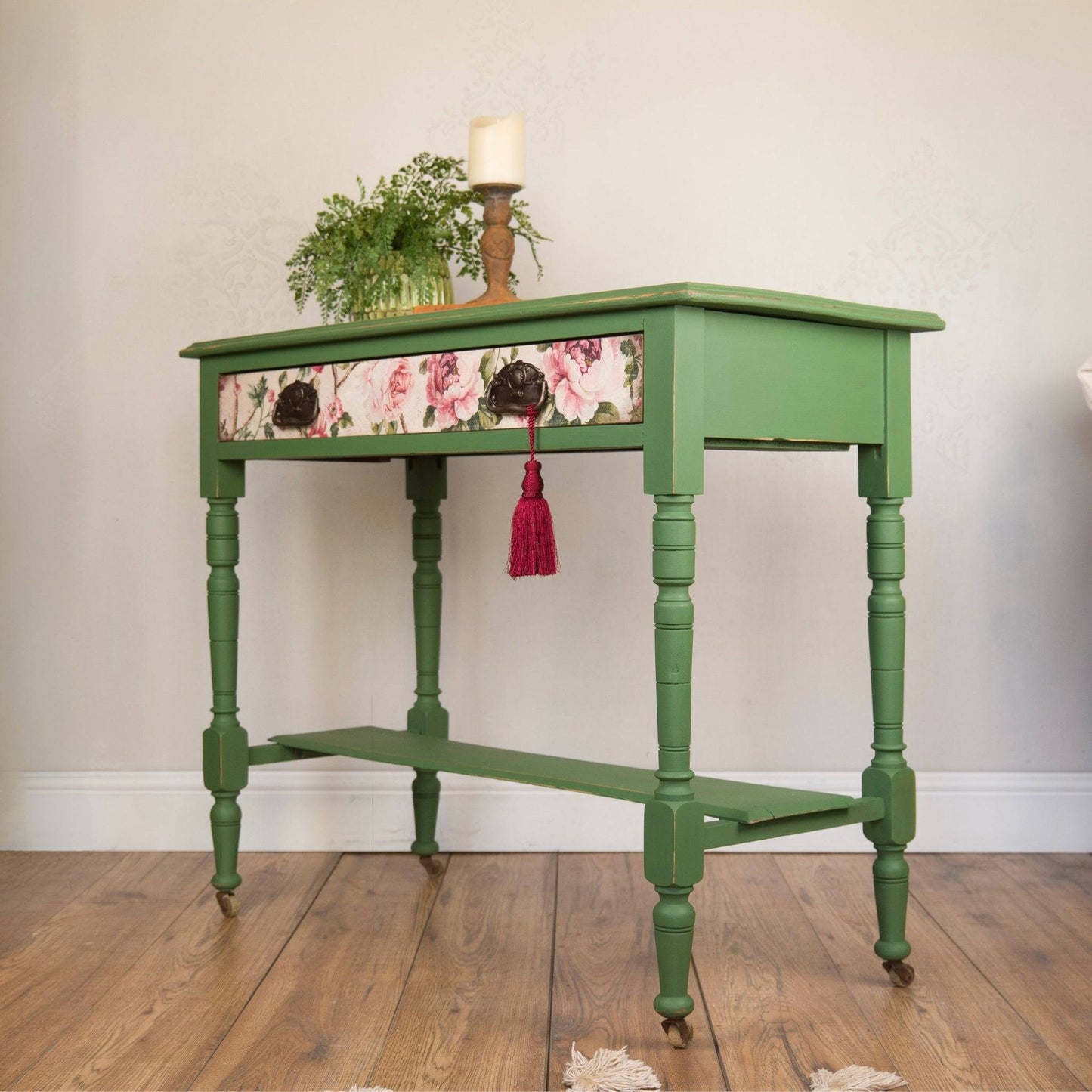 Vintage Green Floral Console Table – Upcycled Entryway Table with Decoupage Drawer Front