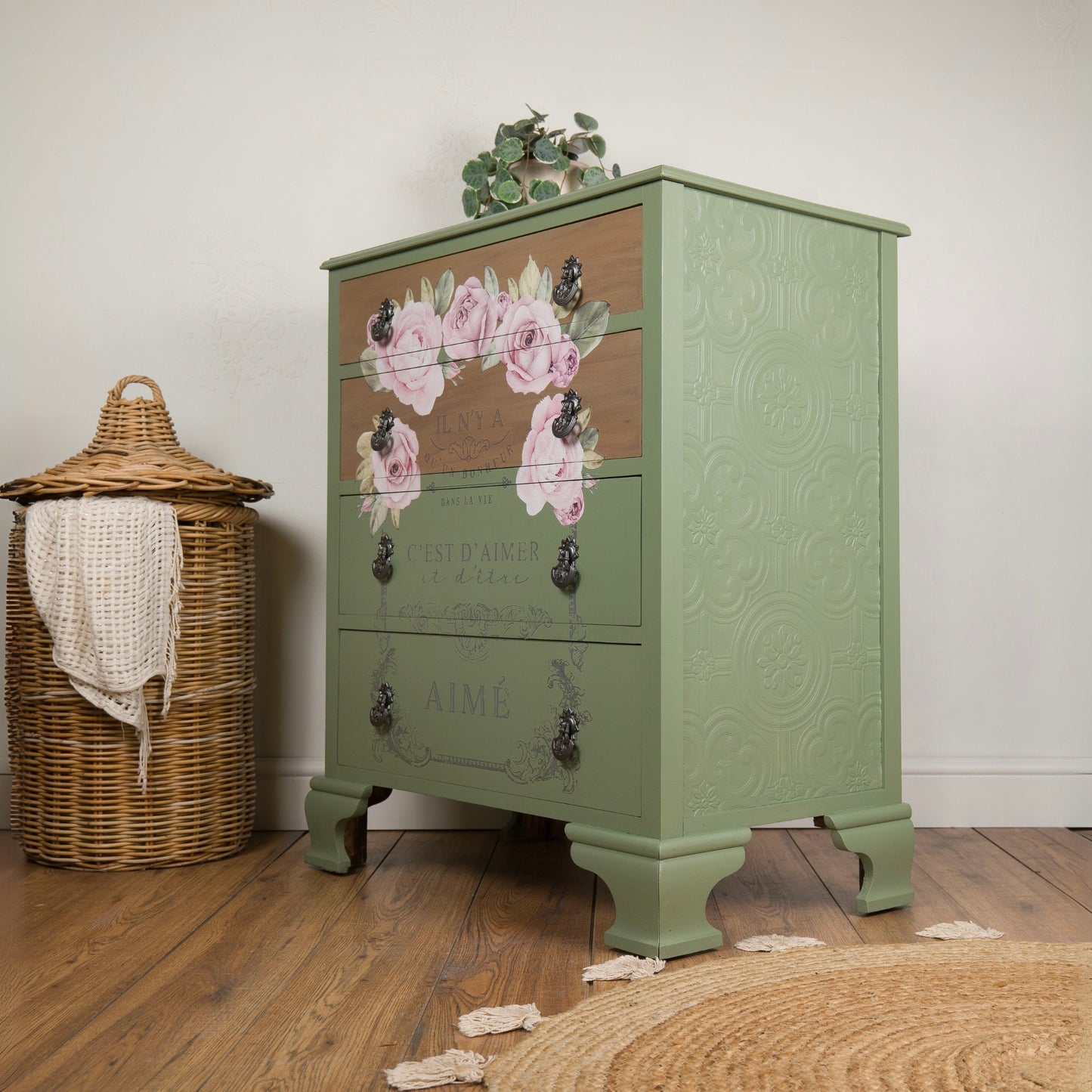 Hand-Painted Vintage Chest of Drawers | Soft Sage Green with Rose Floral Detailing