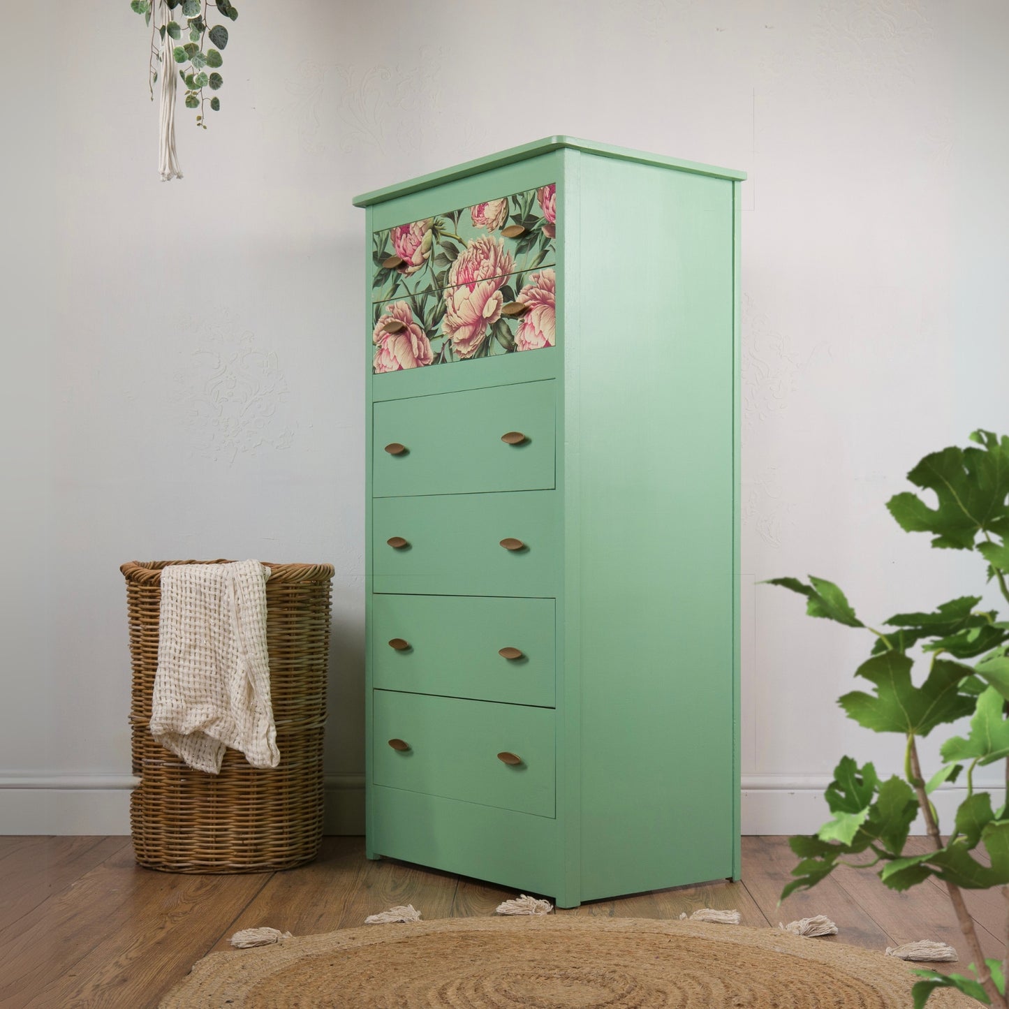 Hand-Painted Vintage Chest of Drawers | Mint Green & Floral Design | Upcycled Furniture