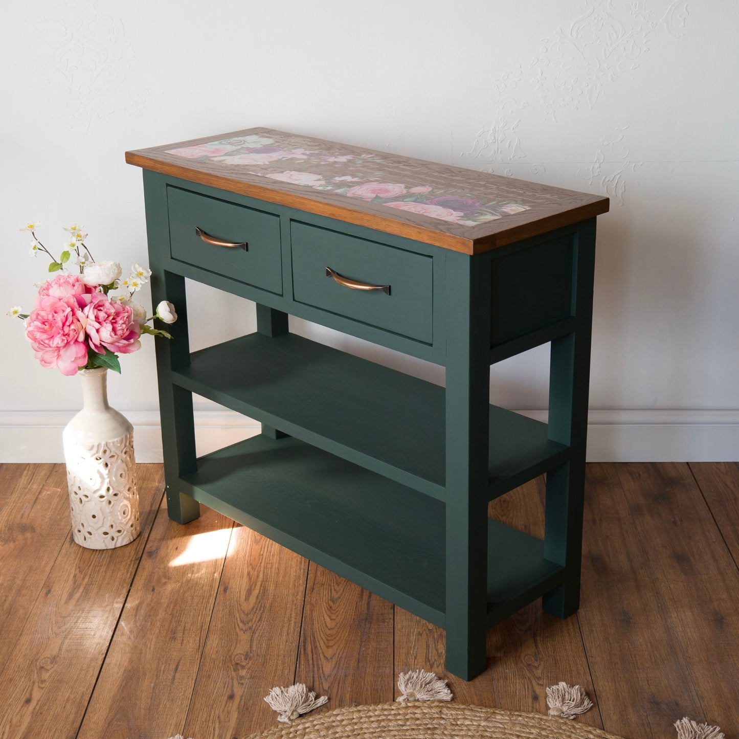Upcycled Oak Console Table | Botanical Floral Design | Green Painted Console with Drawers