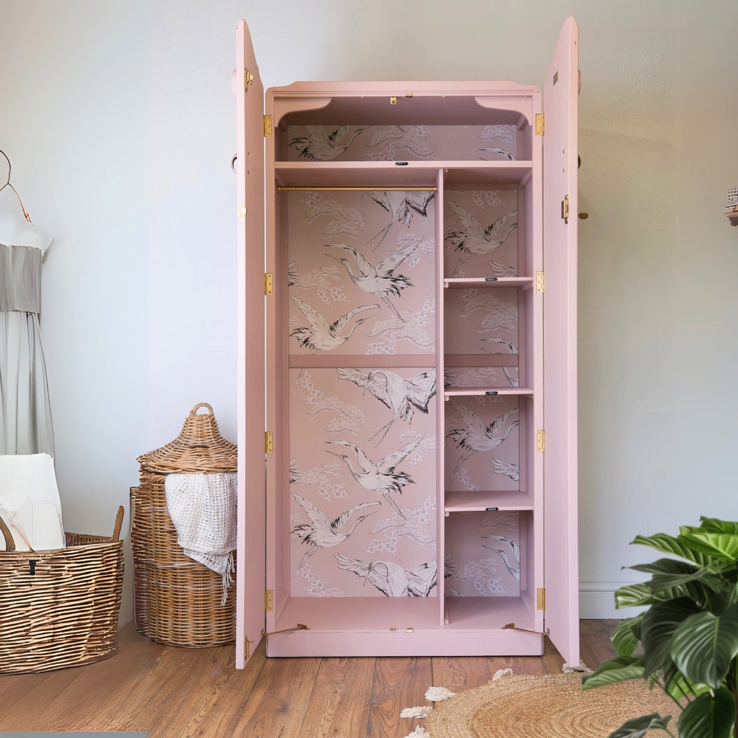 Vintage Upcycled Pink Wardrobe | Hand-Painted Armoire with WoodUbend Details | Elegant Nursery or Bedroom Storage