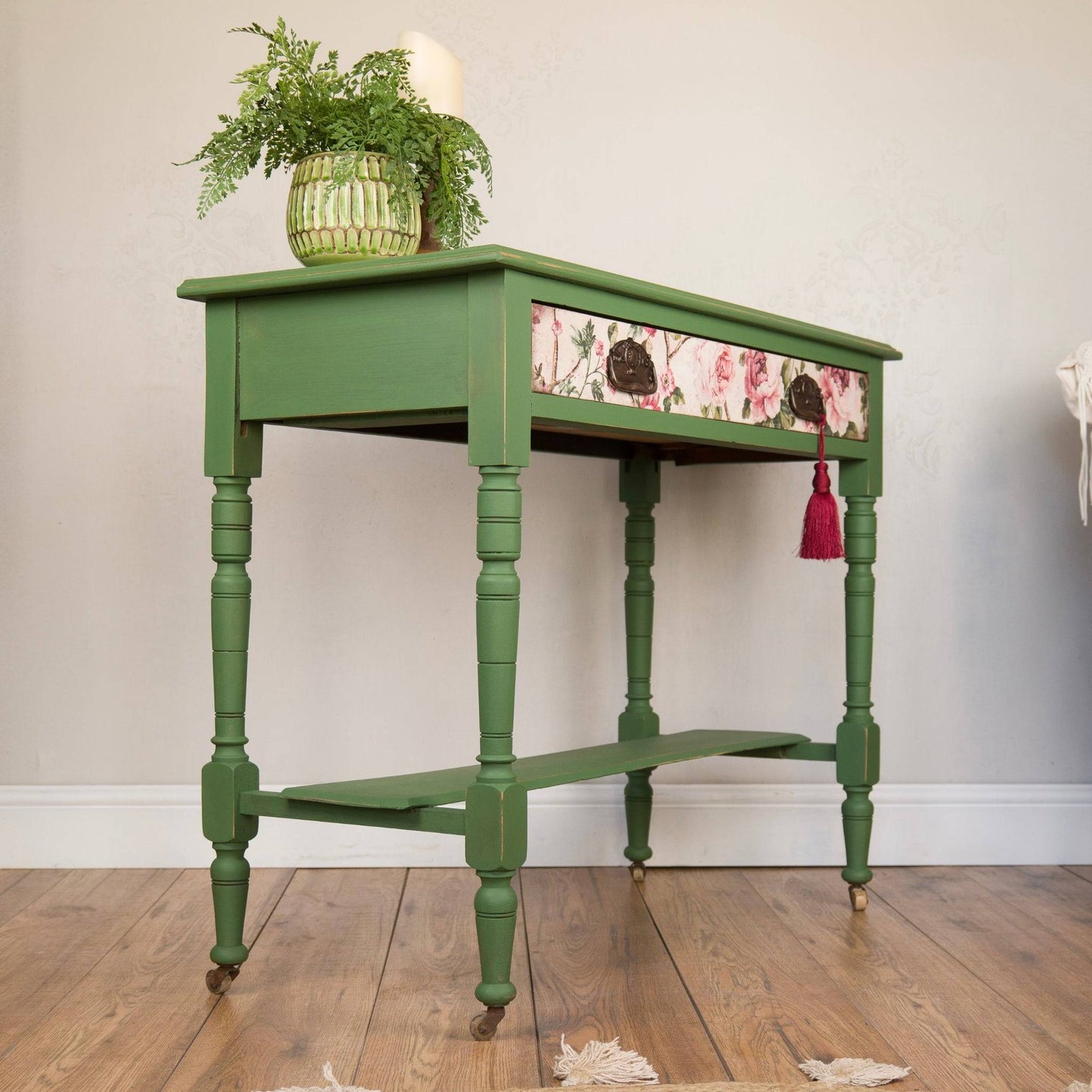 Vintage Green Floral Console Table – Upcycled Entryway Table with Decoupage Drawer Front