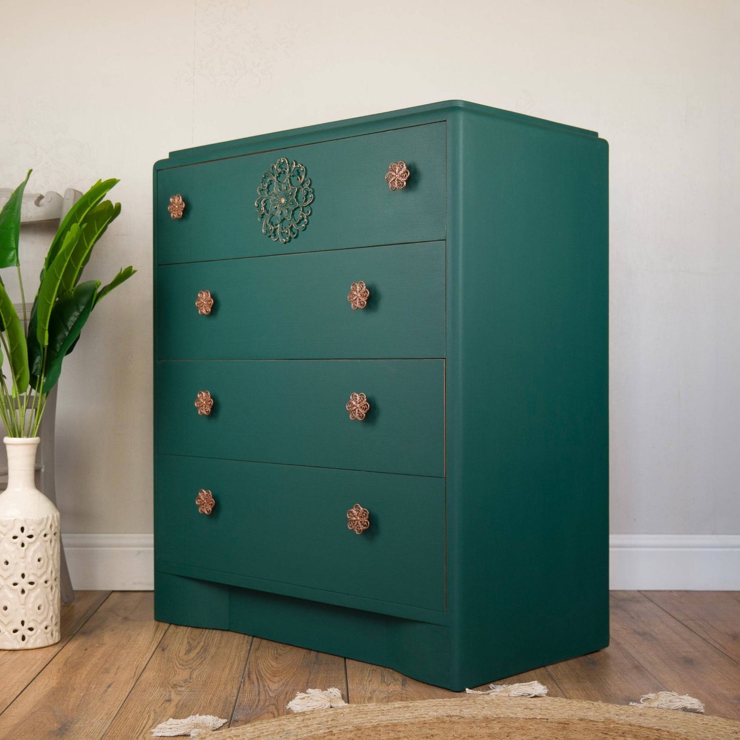 Emerald Forest Chest of Drawers – Vintage Upcycled Beauty with Tropical Lined Drawers