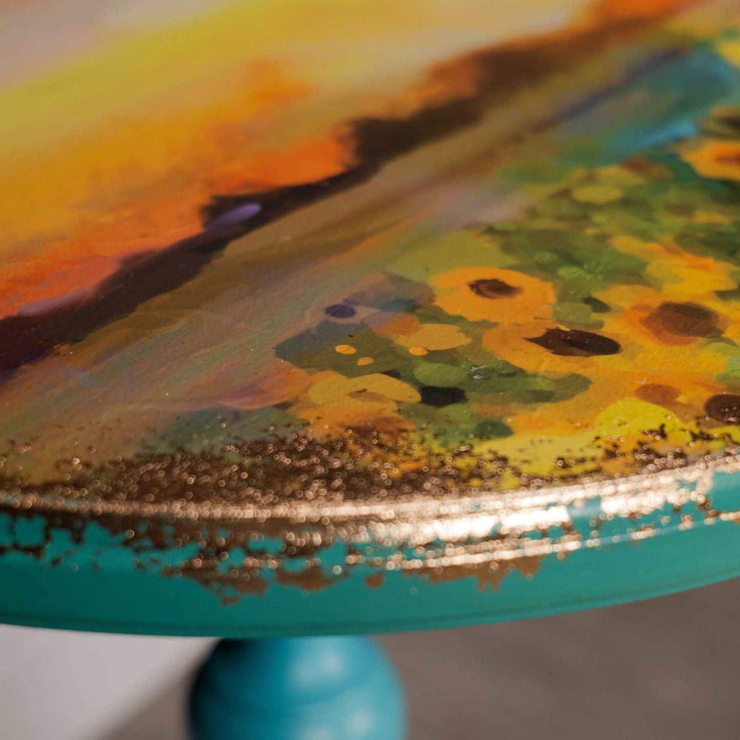 Vibrant vintage sunflower side table, gold leaf edge