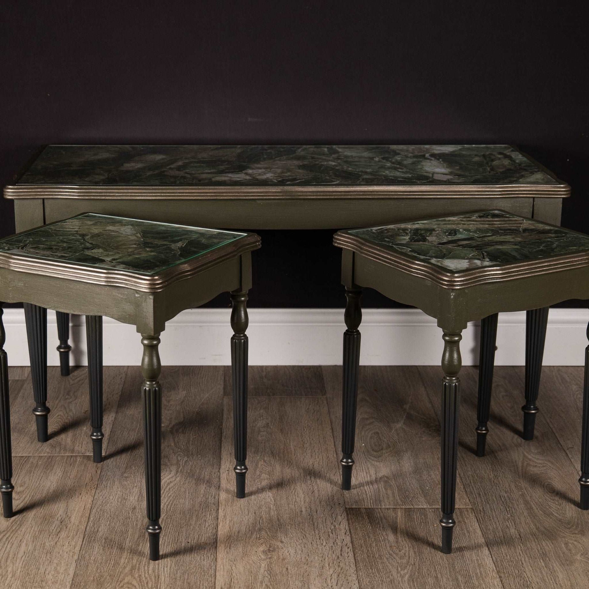Vintage Green Nesting Coffee Tables, glass top, marble pattern