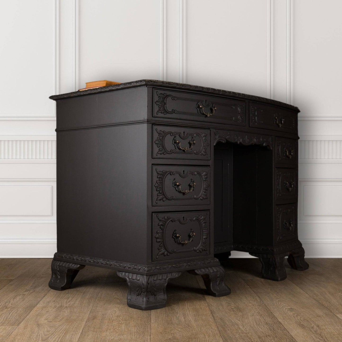 Antique Painted Solid Wood Ornate Carved Desk