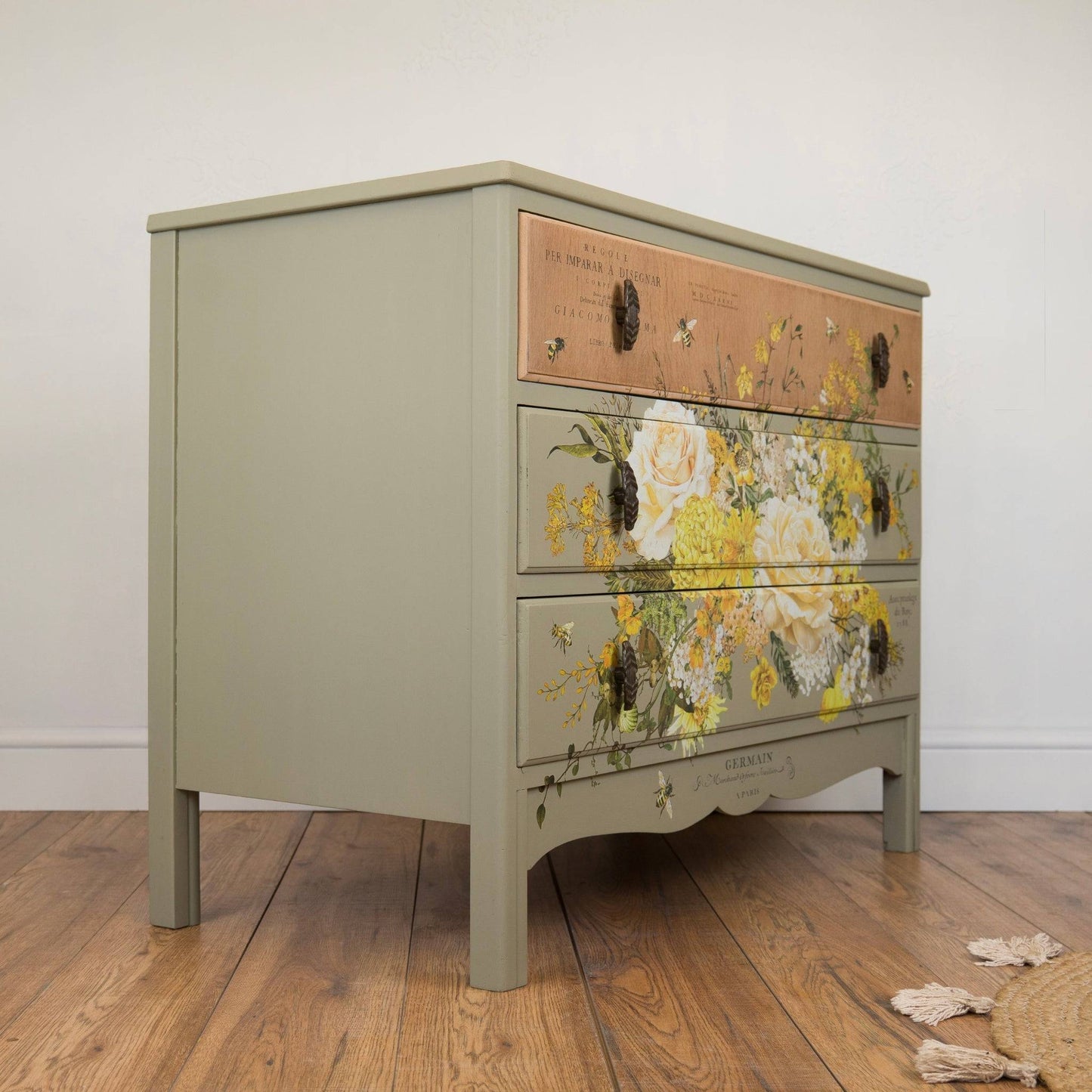 Vintage Upcycled Oak Chest of Drawers - Botanical Bee & Floral