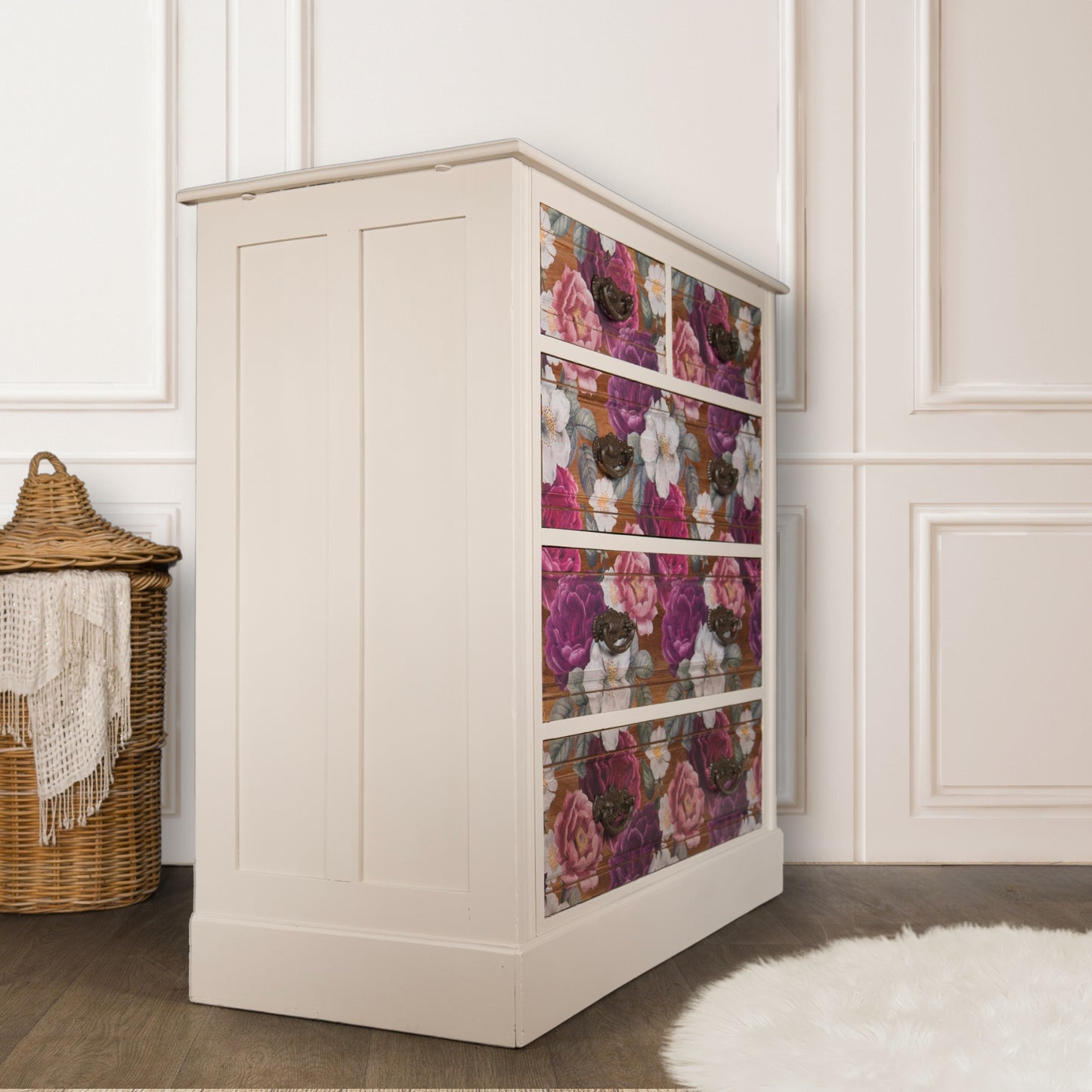 Vintage Aqua Lebus Oak Chest of Drawers, pink, purple floral drawer sides