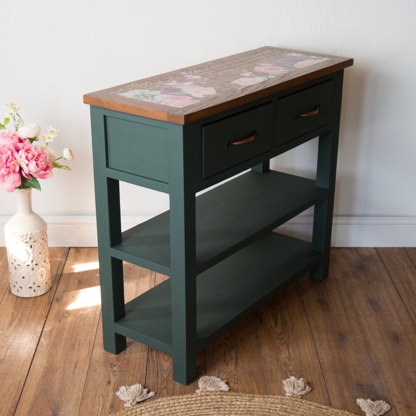 Upcycled Oak Console Table | Botanical Floral Design | Green Painted Console with Drawers