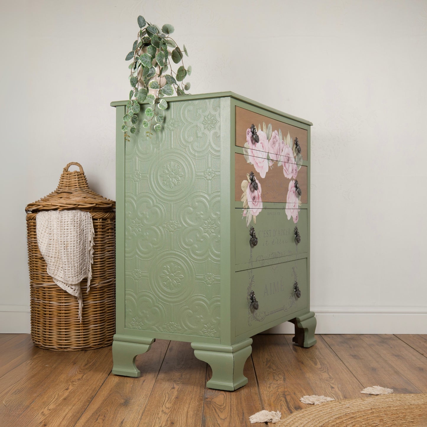 Hand-Painted Vintage Chest of Drawers | Soft Sage Green with Rose Floral Detailing