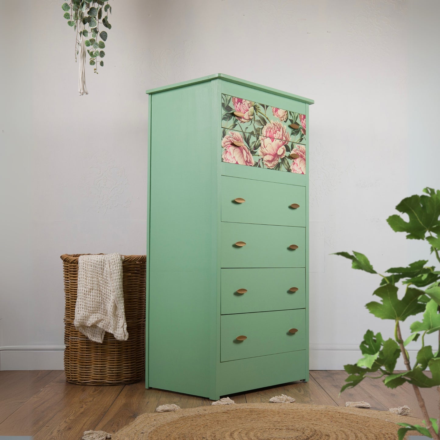 Hand-Painted Vintage Chest of Drawers | Mint Green & Floral Design | Upcycled Furniture