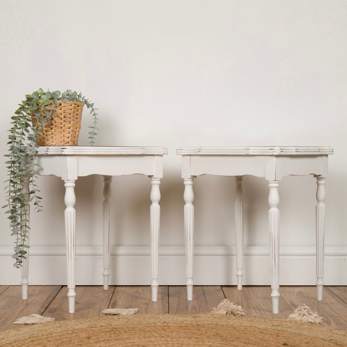 Pair of Vintage Upcycled Shabby Chic Side Tables with Botanical Glass Tops