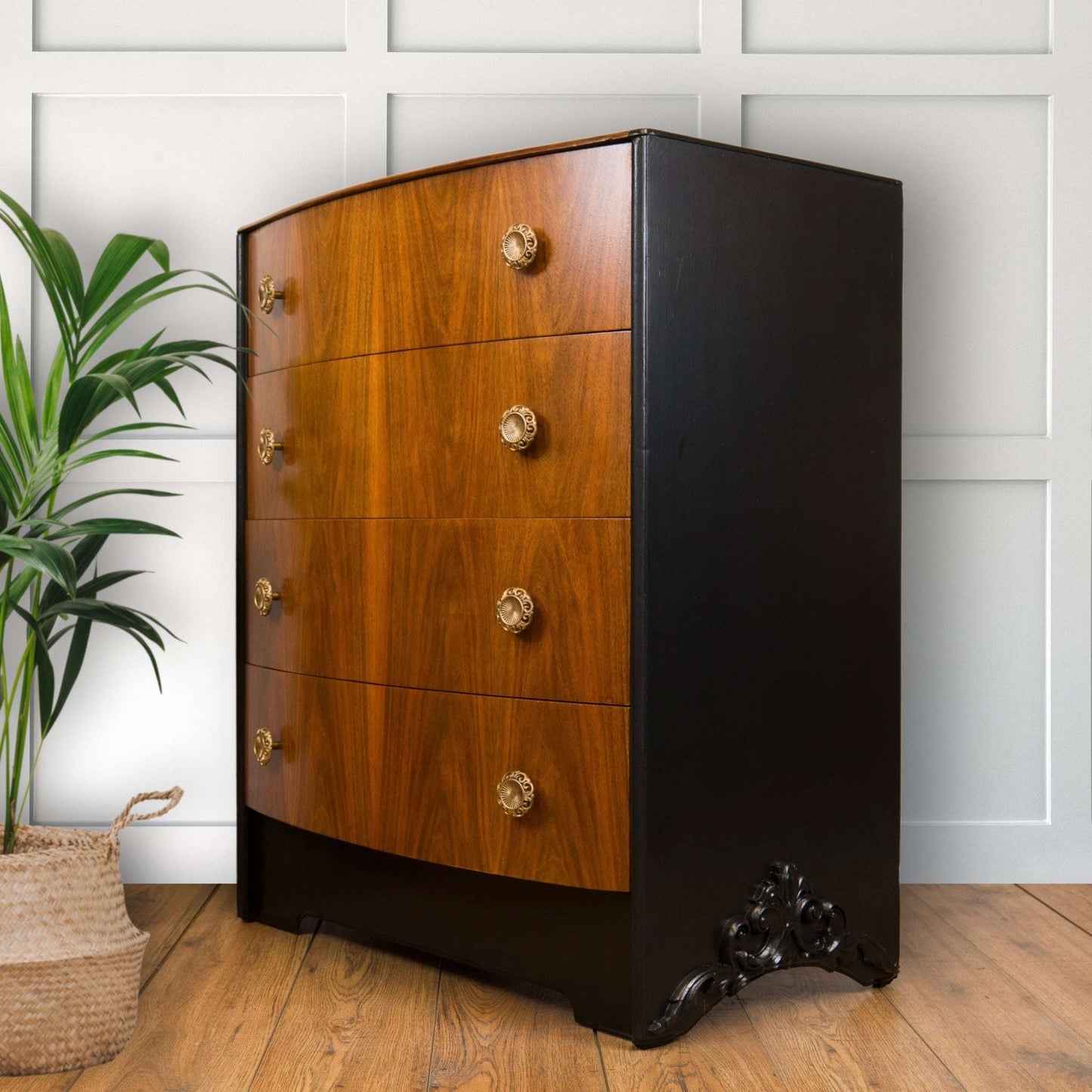 Vintage Walnut & Black Bow Front Chest of Drawers – Art Deco Upcycled Furniture with Gold Handles
