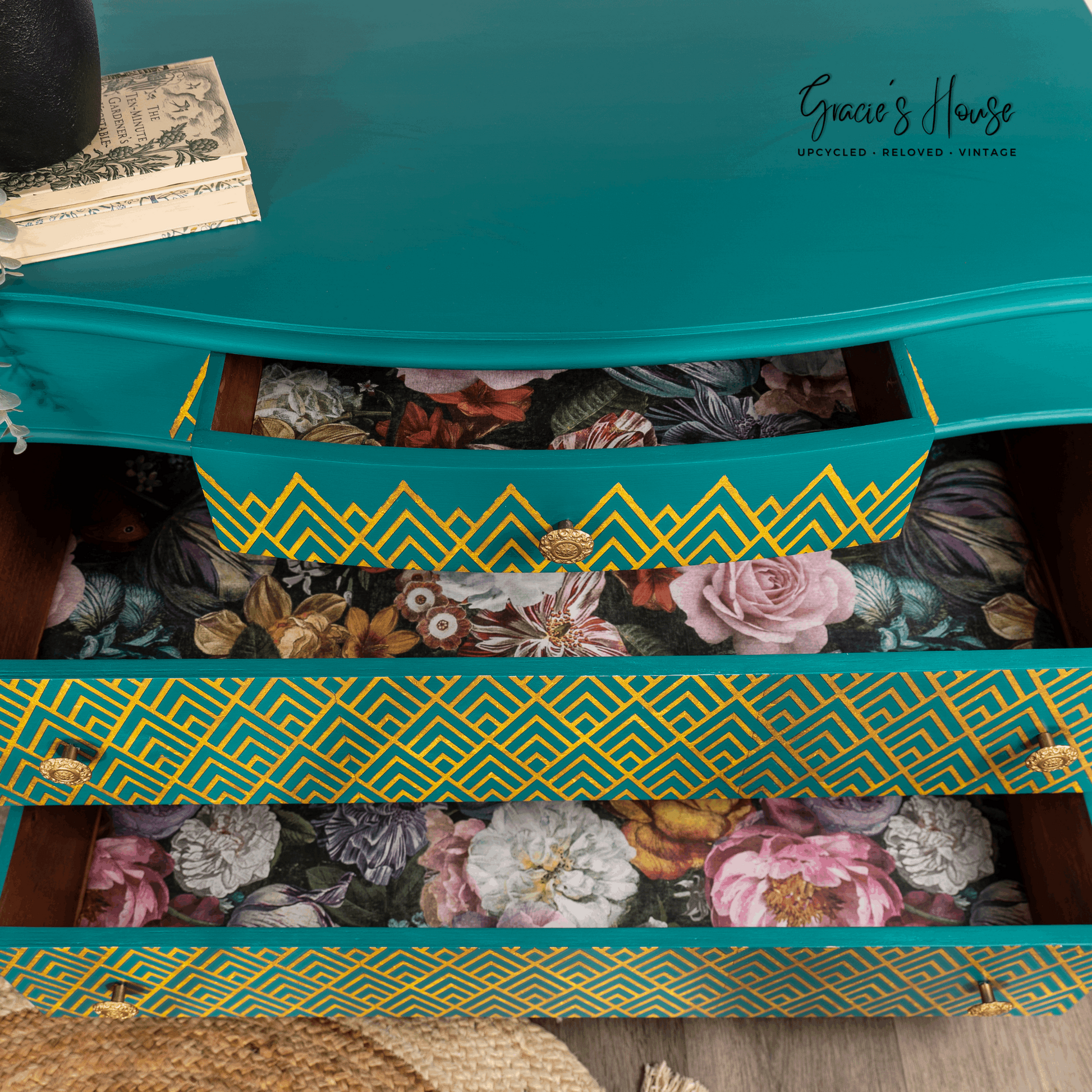 Turquoise Mid Century Chest of Drawers, floral drawer liners