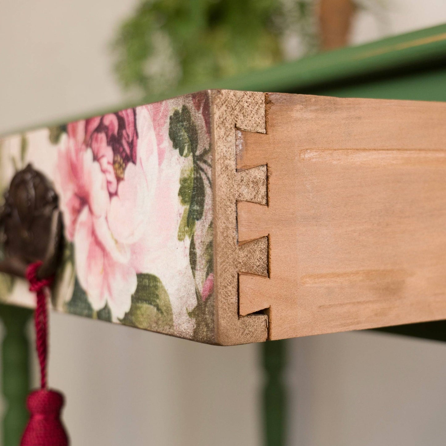 Vintage Green Floral Console Table – Upcycled Entryway Table with Decoupage Drawer Front
