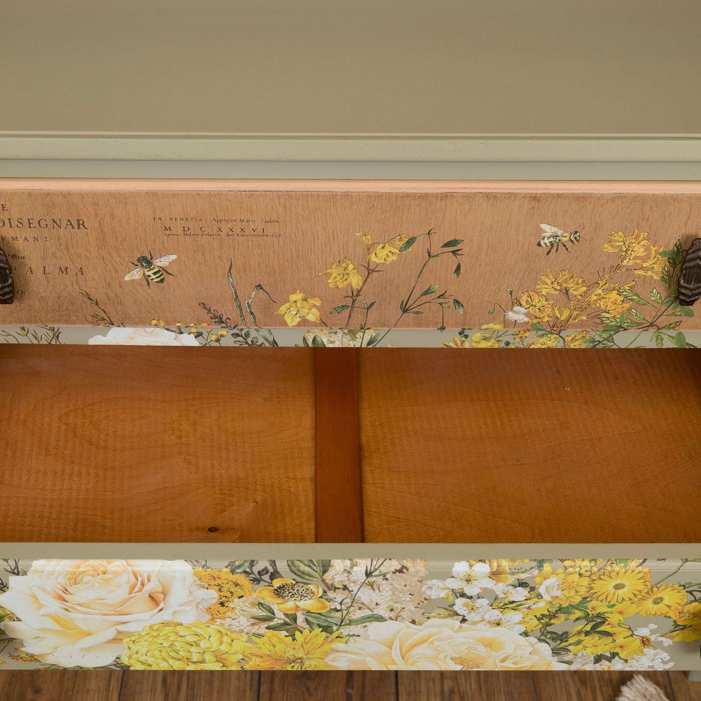 Vintage Upcycled Oak Chest of Drawers - Botanical Bee & Floral