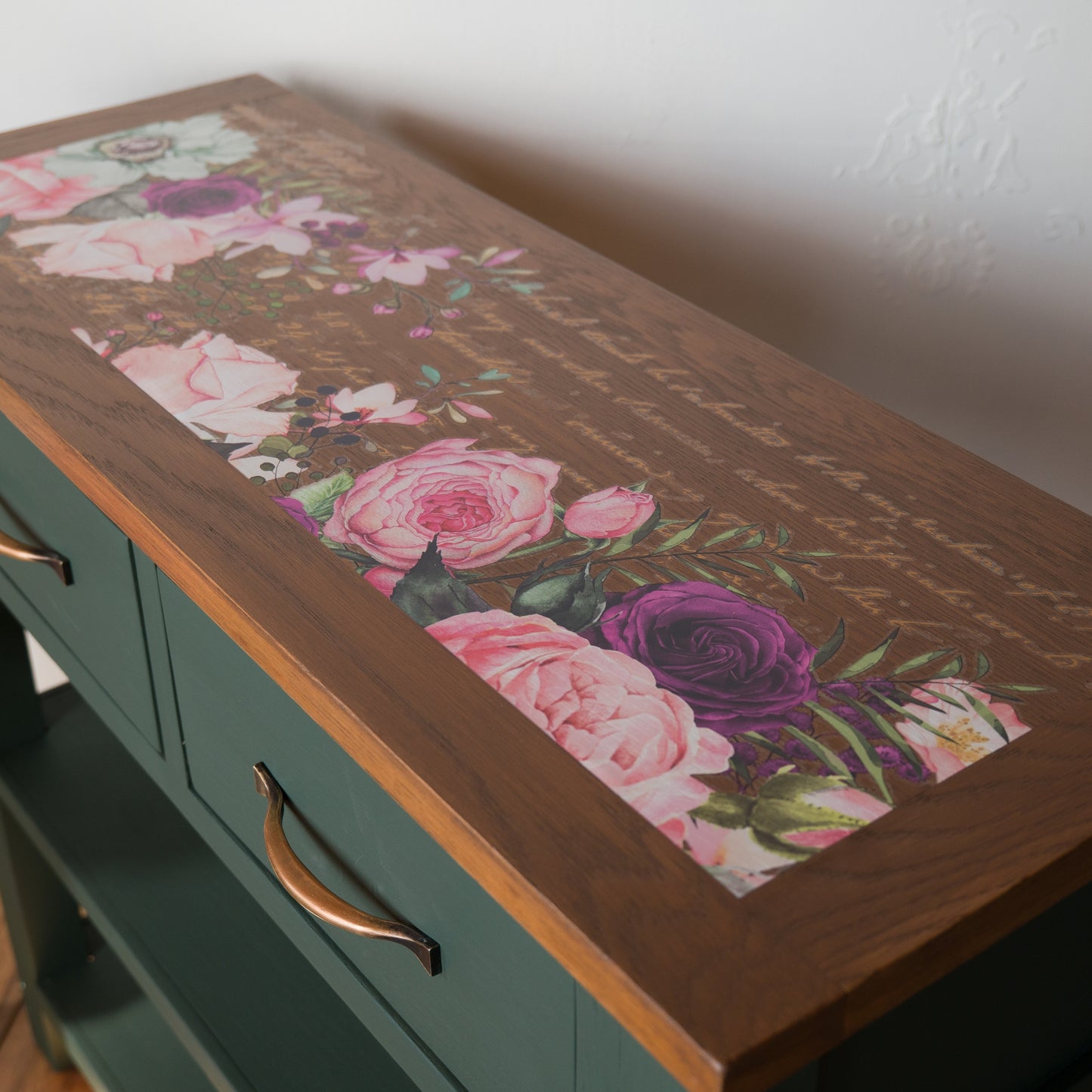 Upcycled Oak Console Table | Botanical Floral Design | Green Painted Console with Drawers
