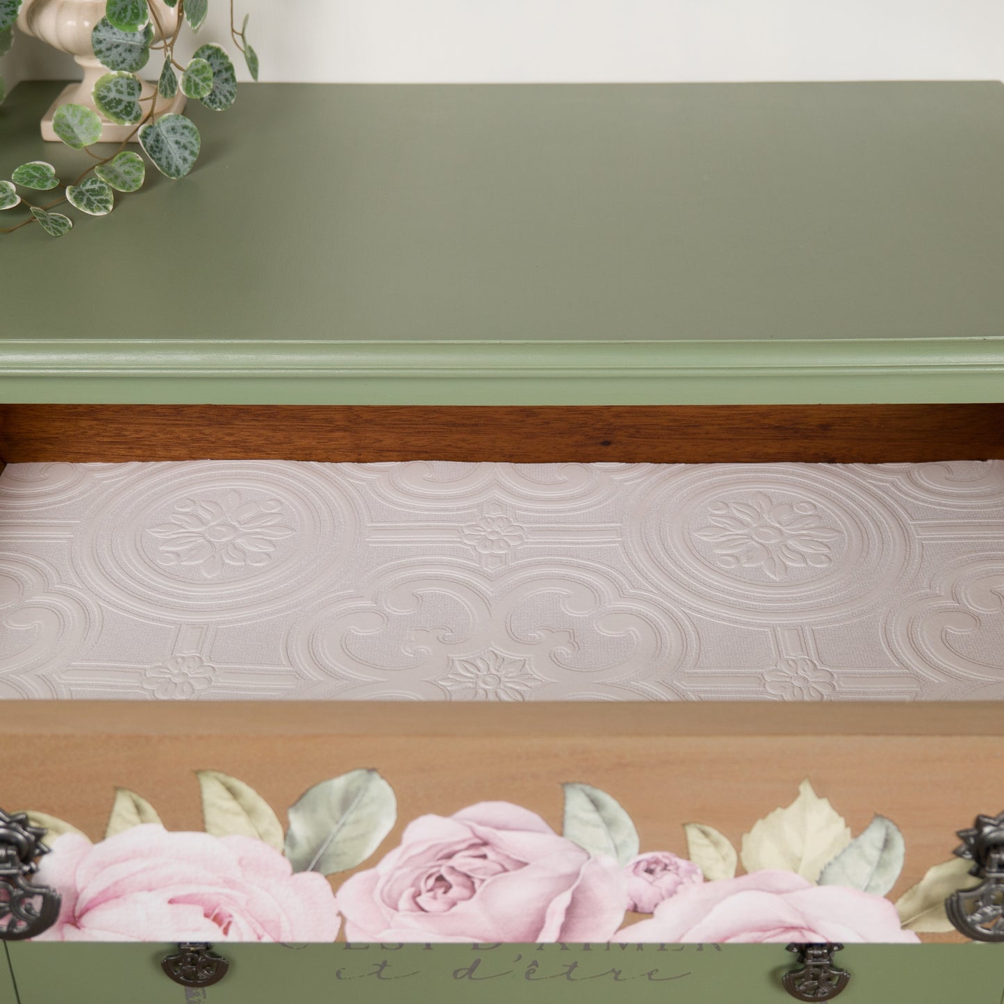 Hand-Painted Vintage Chest of Drawers | Soft Sage Green with Rose Floral Detailing