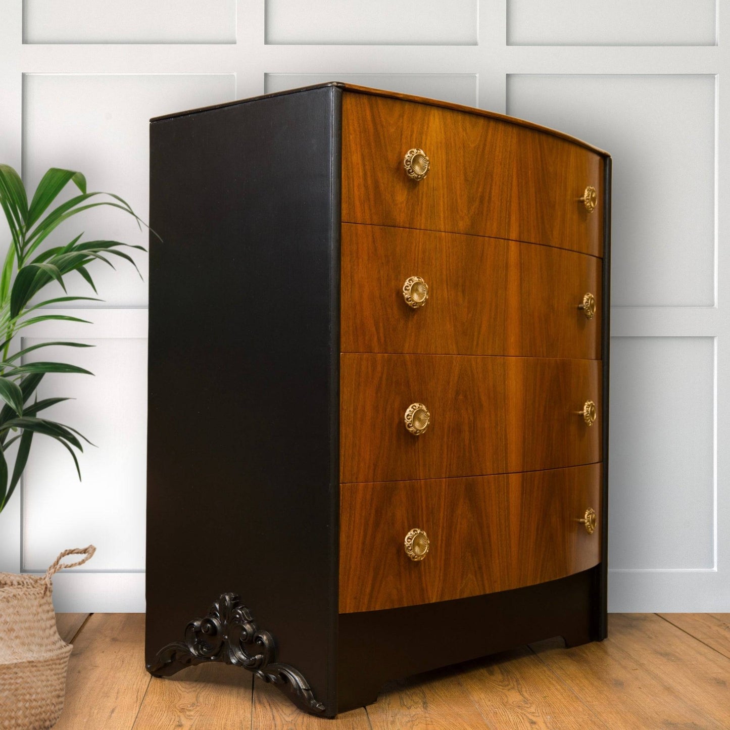 Vintage Walnut & Black Bow Front Chest of Drawers – Art Deco Upcycled Furniture with Gold Handles