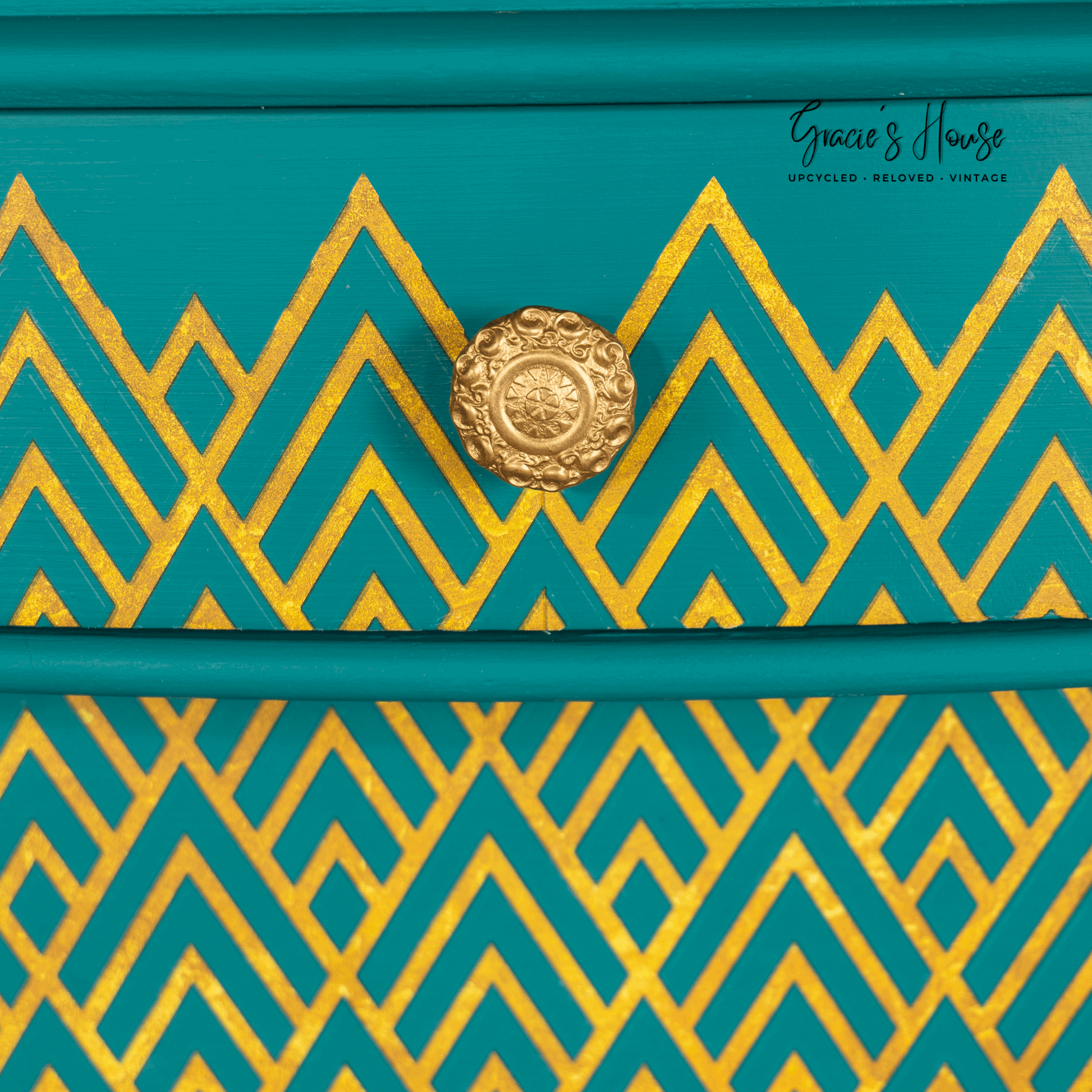 Turquoise Mid Century Chest of Drawers, geometric 