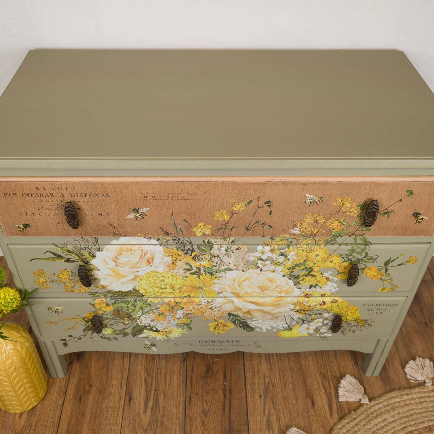 Vintage Upcycled Oak Chest of Drawers - Botanical Bee & Floral