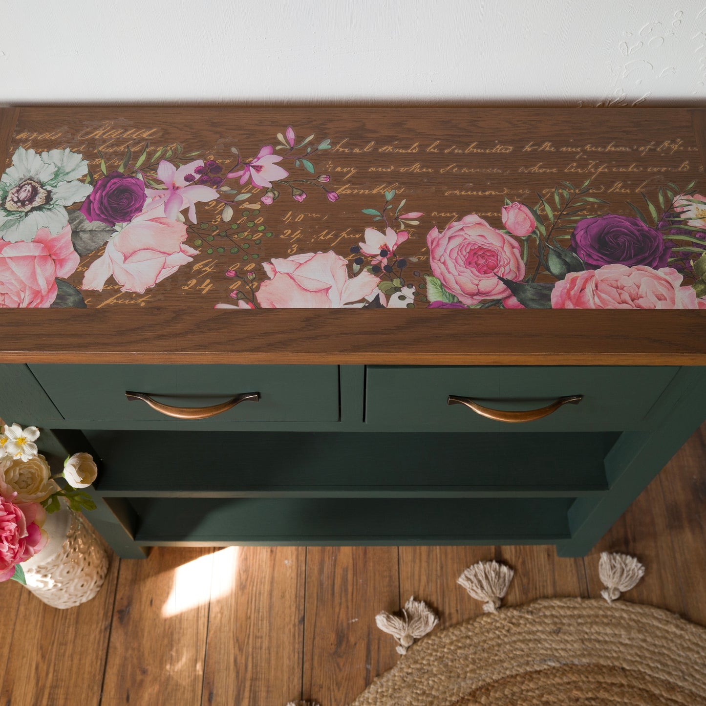 Upcycled Oak Console Table | Botanical Floral Design | Green Painted Console with Drawers
