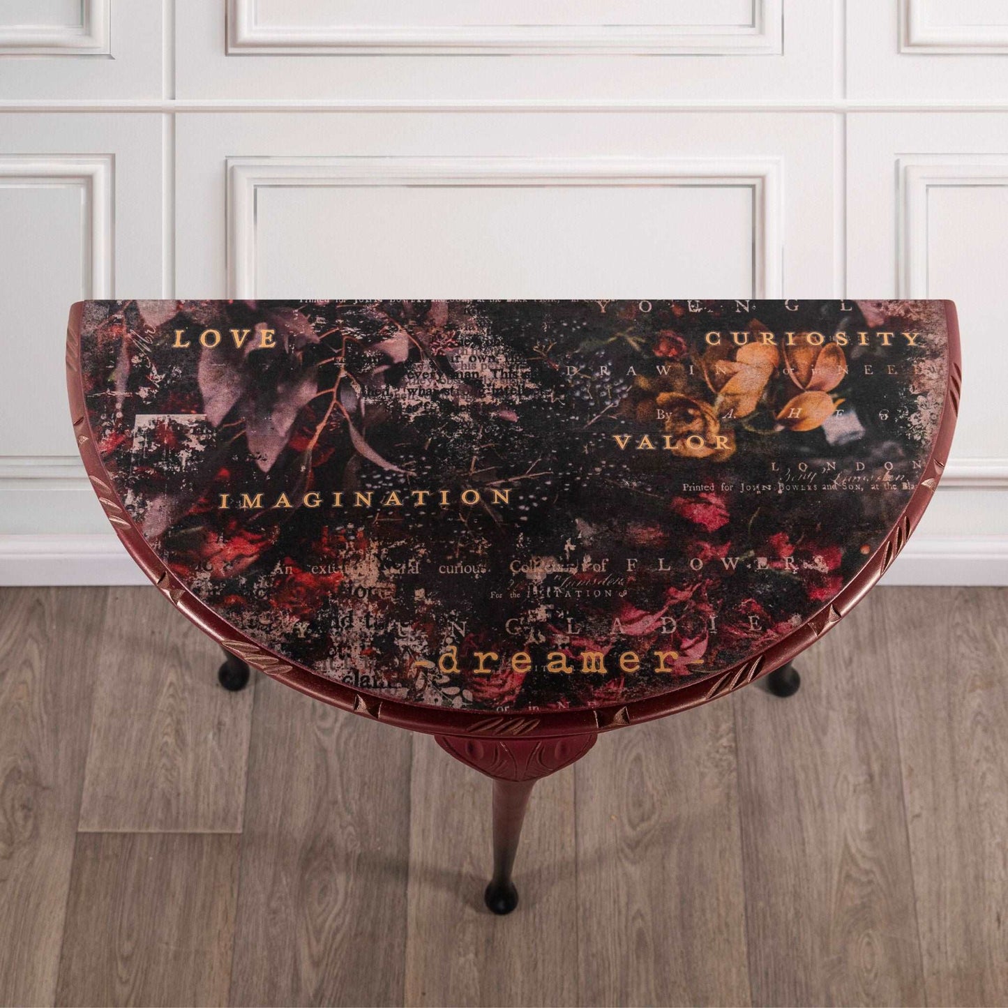 Vintage Dark Red Decoupage Demi Lune Console Table