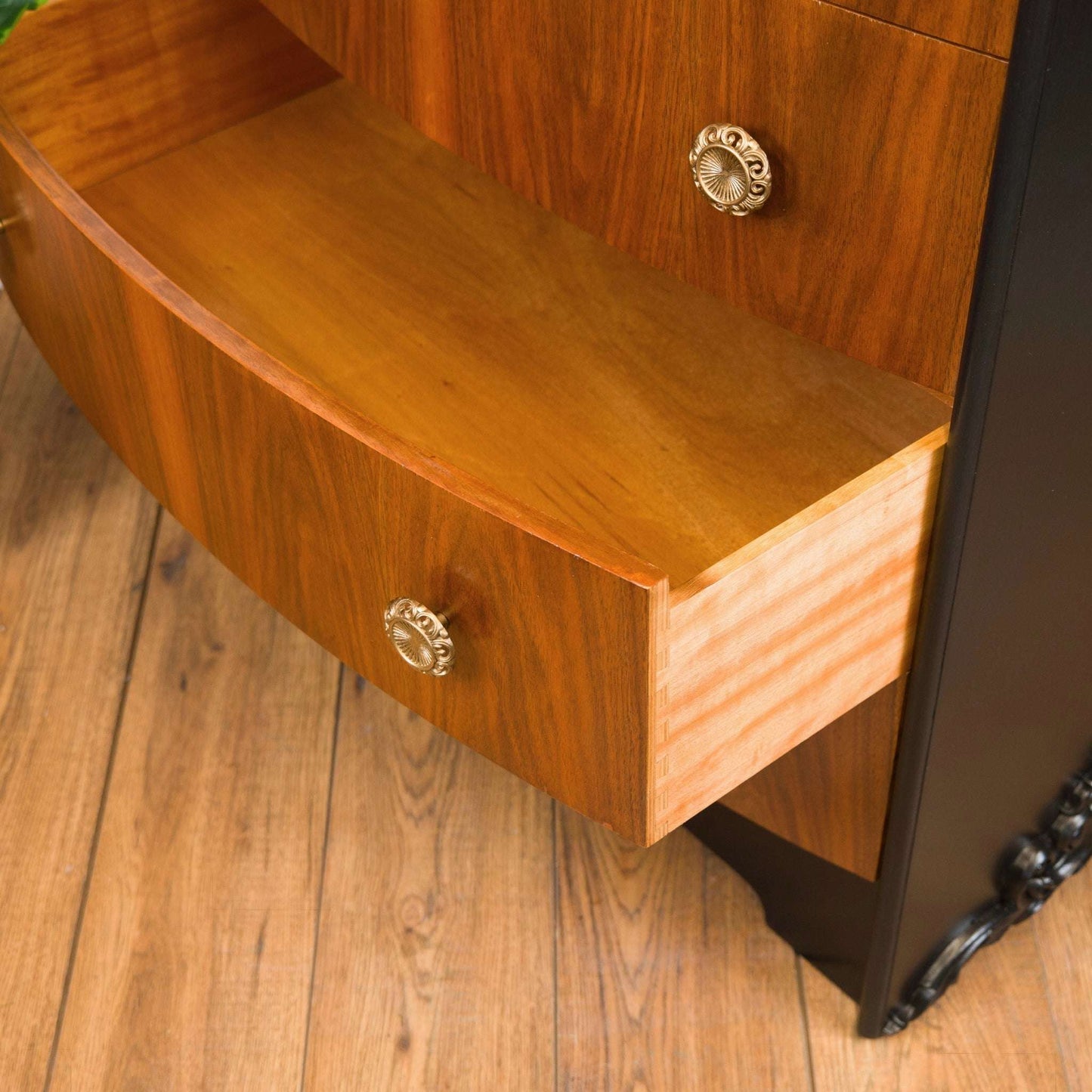 Vintage Walnut & Black Bow Front Chest of Drawers – Art Deco Upcycled Furniture with Gold Handles