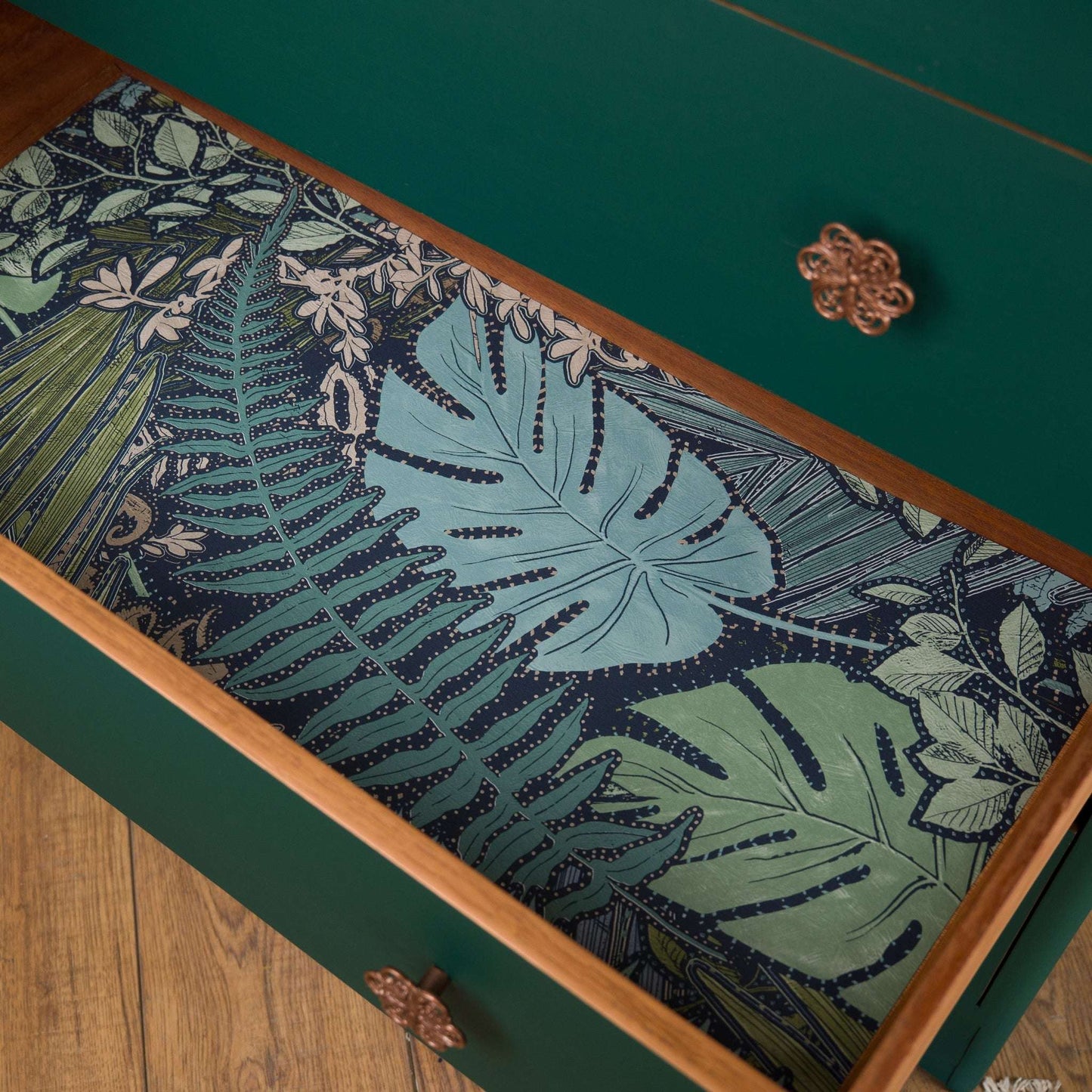 Emerald Forest Chest of Drawers – Vintage Upcycled Beauty with Tropical Lined Drawers