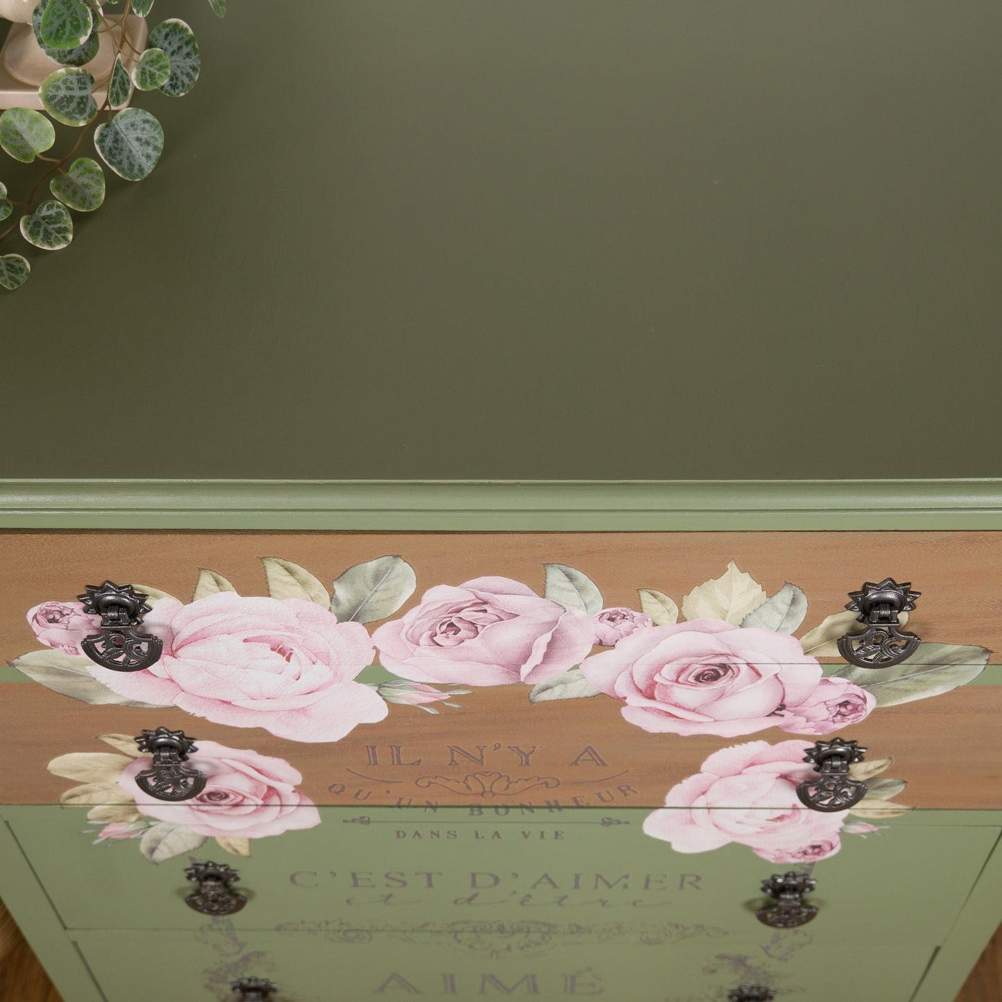 Hand-Painted Vintage Chest of Drawers | Soft Sage Green with Rose Floral Detailing