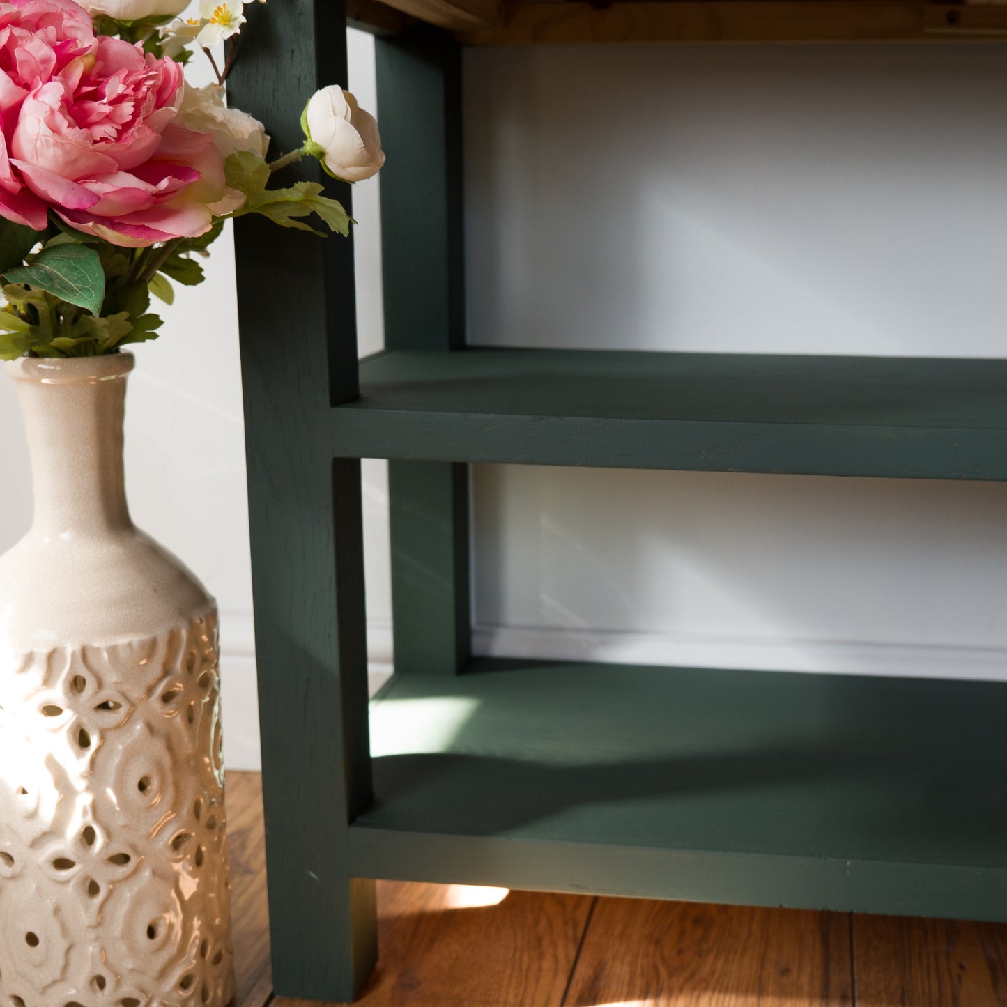 Upcycled Oak Console Table | Botanical Floral Design | Green Painted Console with Drawers