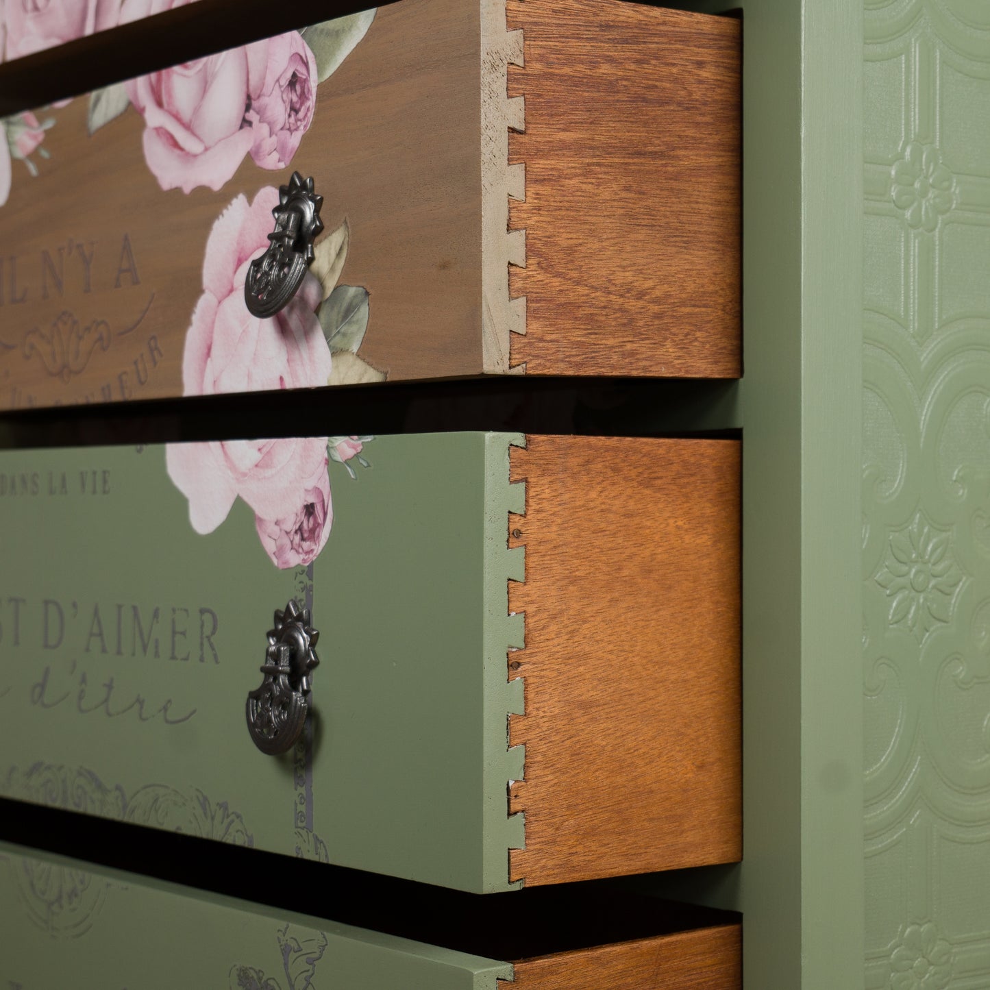 Hand-Painted Vintage Chest of Drawers | Soft Sage Green with Rose Floral Detailing