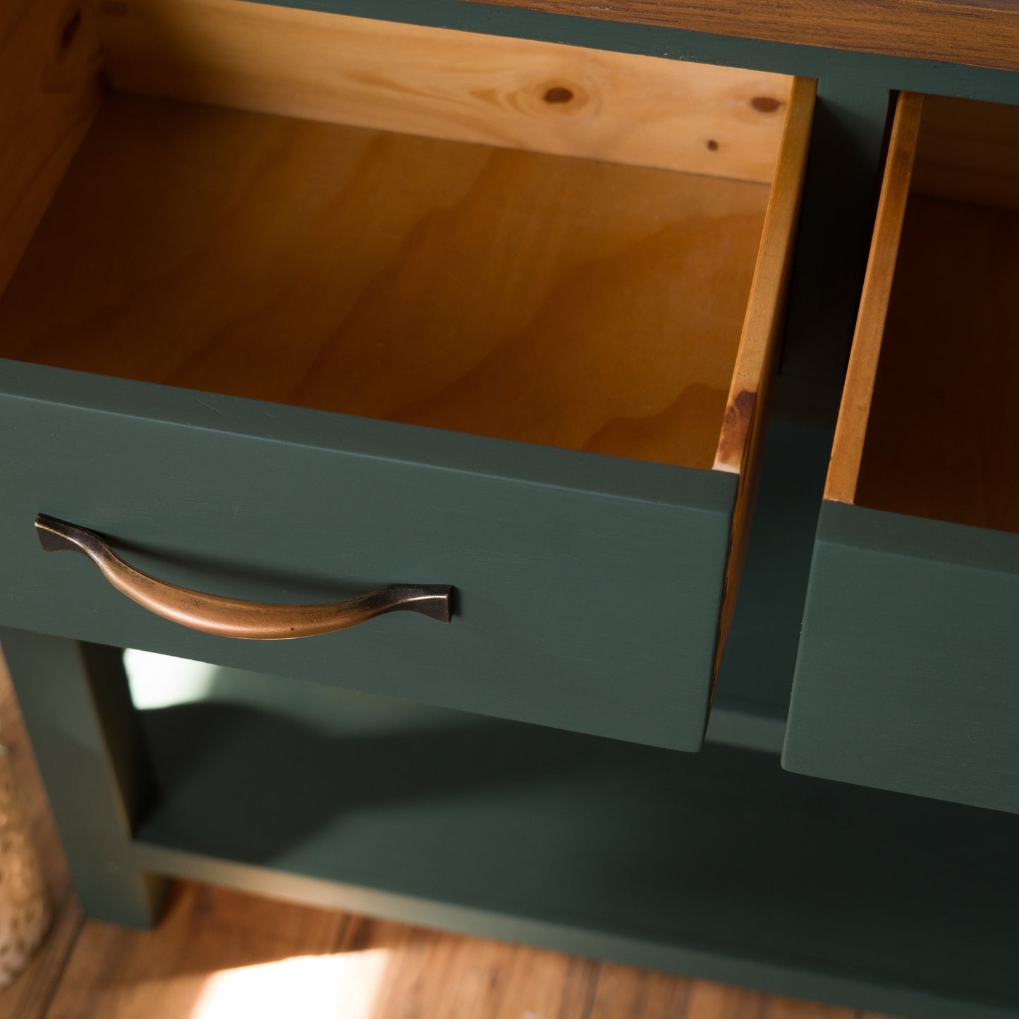 Upcycled Oak Console Table | Botanical Floral Design | Green Painted Console with Drawers