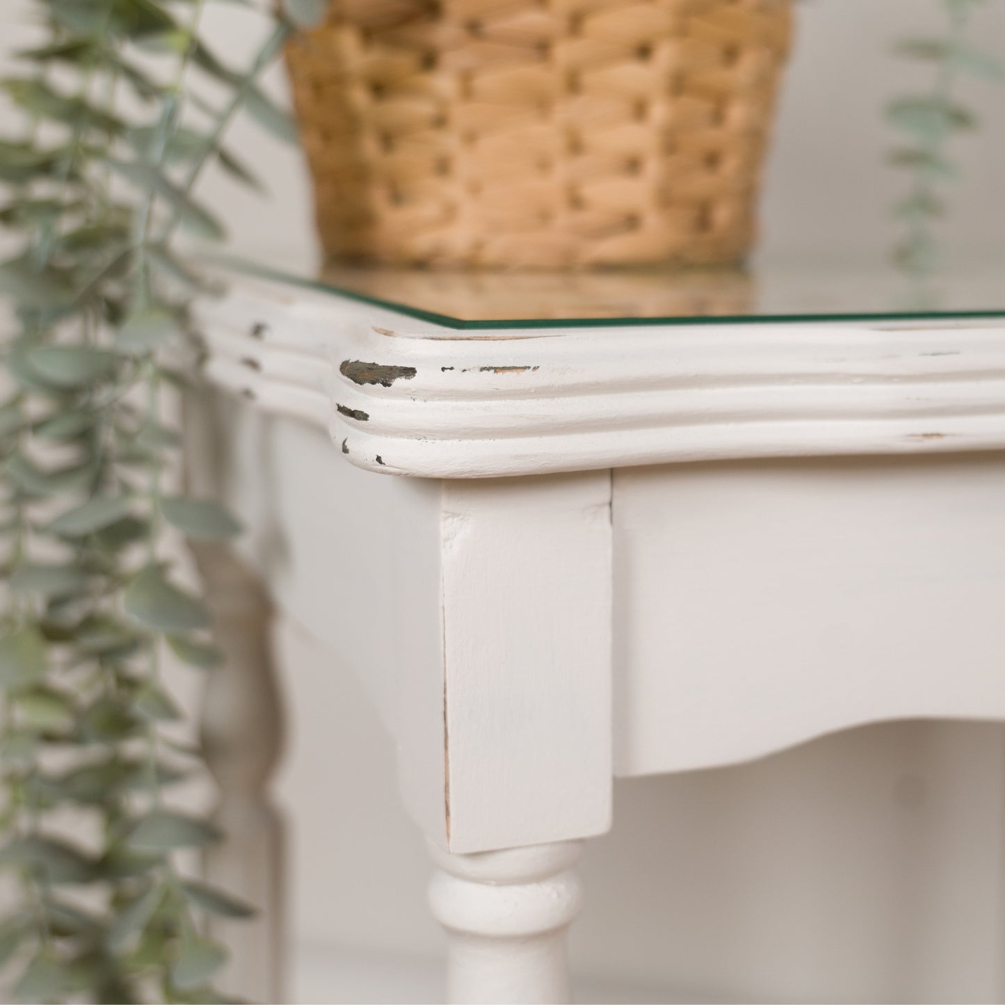 Pair of Vintage Upcycled Shabby Chic Side Tables with Botanical Glass Tops