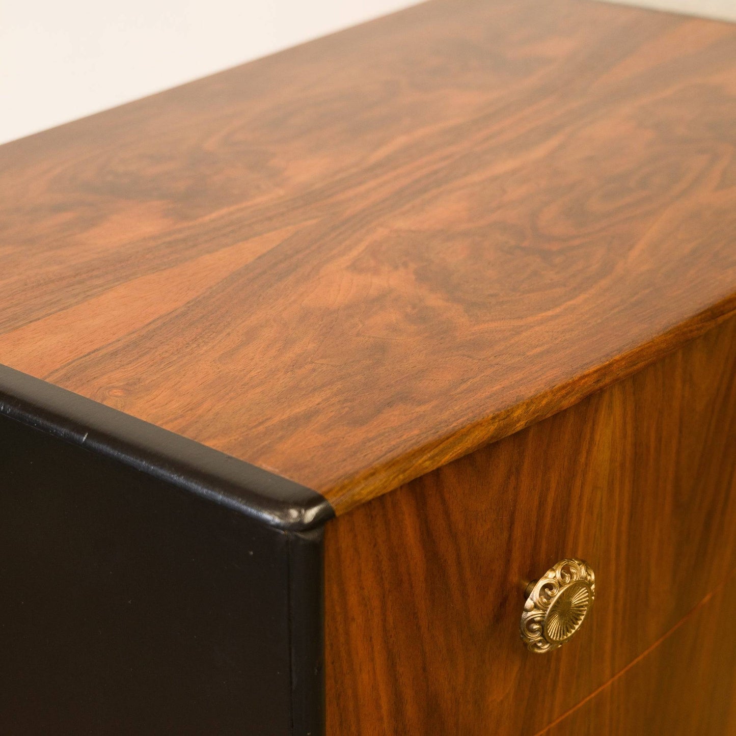 Vintage Walnut & Black Bow Front Chest of Drawers – Art Deco Upcycled Furniture with Gold Handles