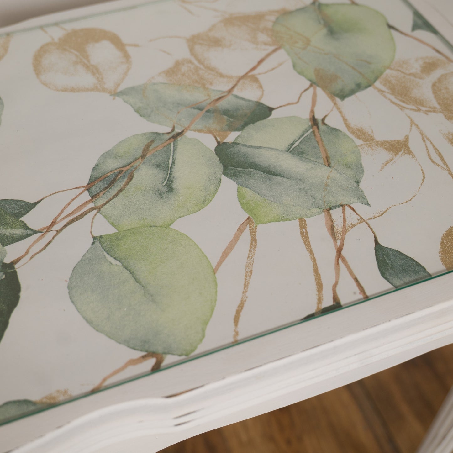 Pair of Vintage Upcycled Shabby Chic Side Tables with Botanical Glass Tops