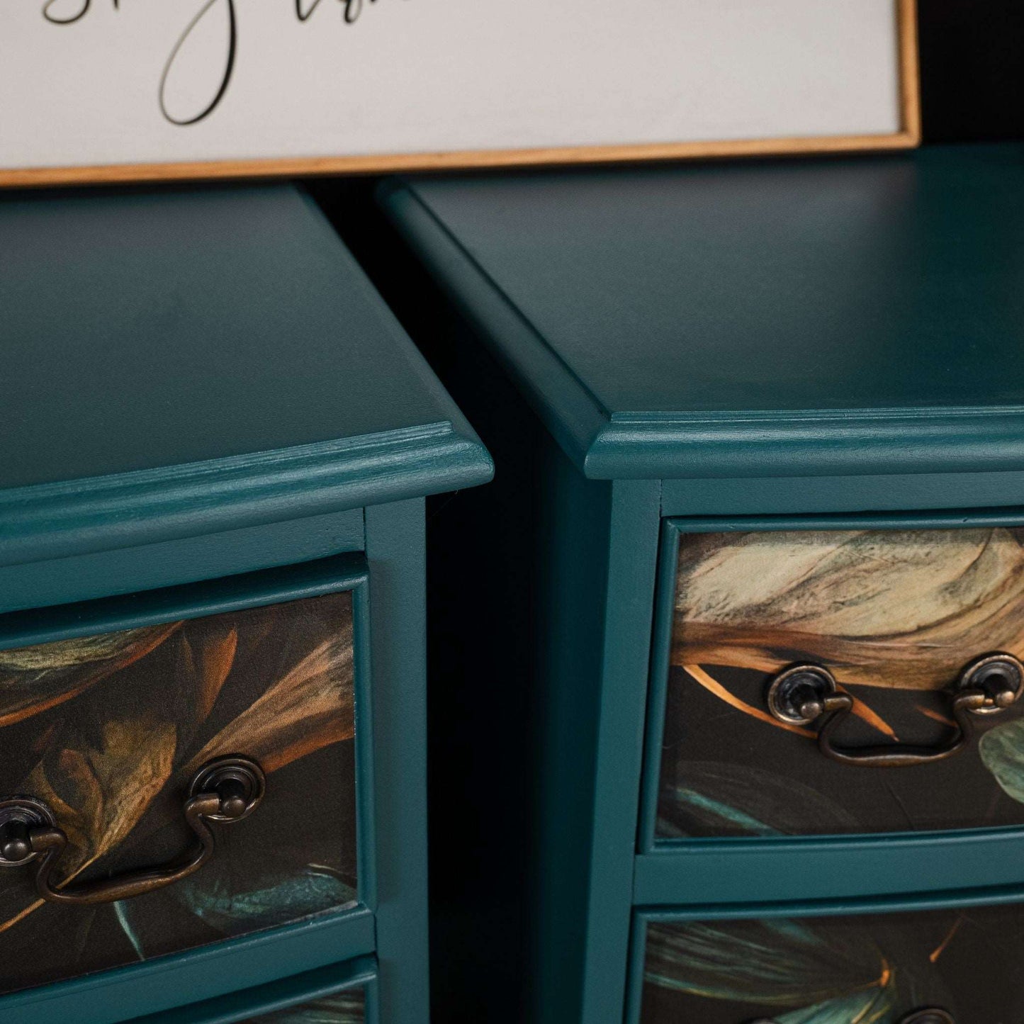 Pair of Upcycled Decoupage Teal Bedside Tables