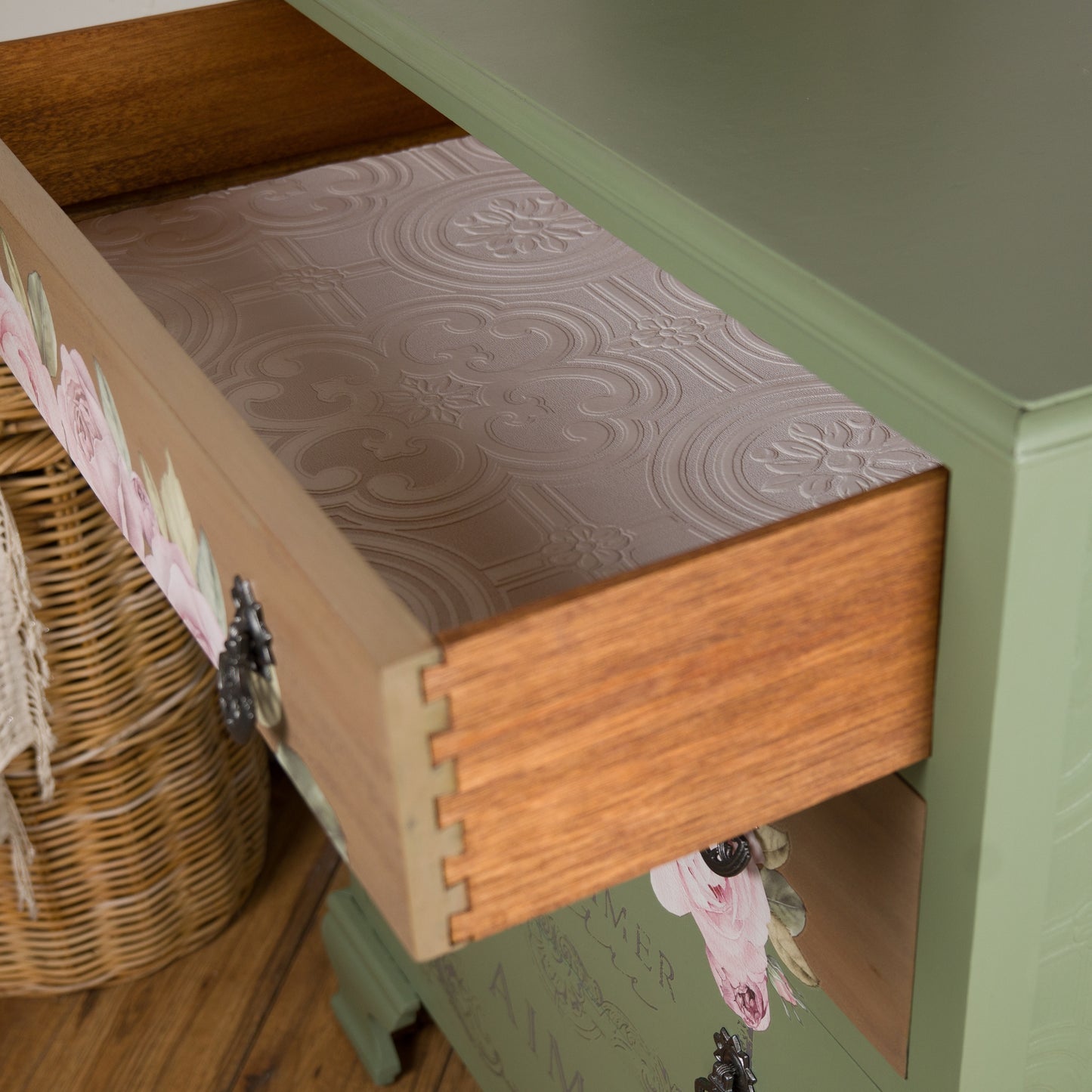 Hand-Painted Vintage Chest of Drawers | Soft Sage Green with Rose Floral Detailing